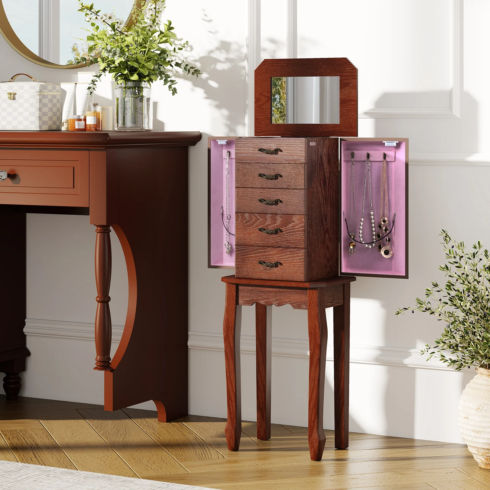 Large Jewelry Cabinet, 5 Drawers, Brown - Image 3