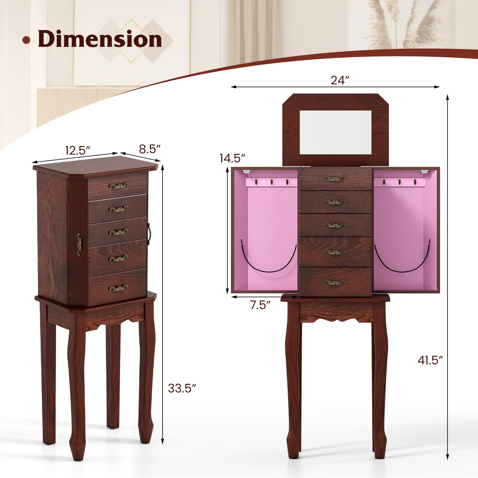 Large Jewelry Cabinet, 5 Drawers, Brown - Image 6