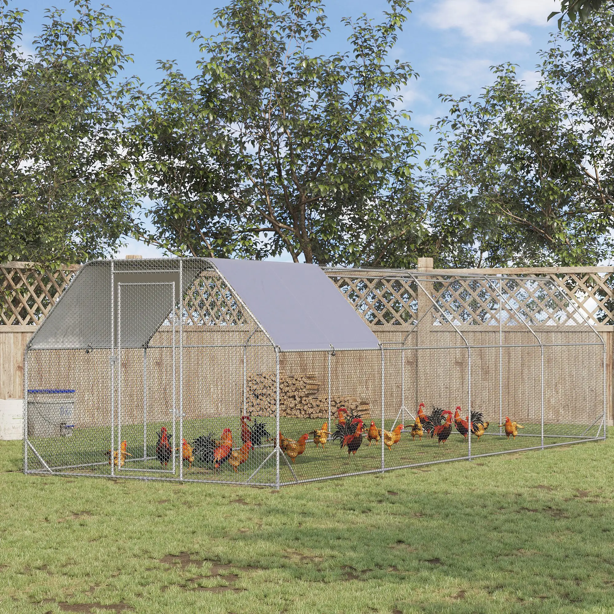 Large Metal Chicken Coop, Walk-In Enclosure, 9.2' x 24.9' x 6.5', Silver - Image 2