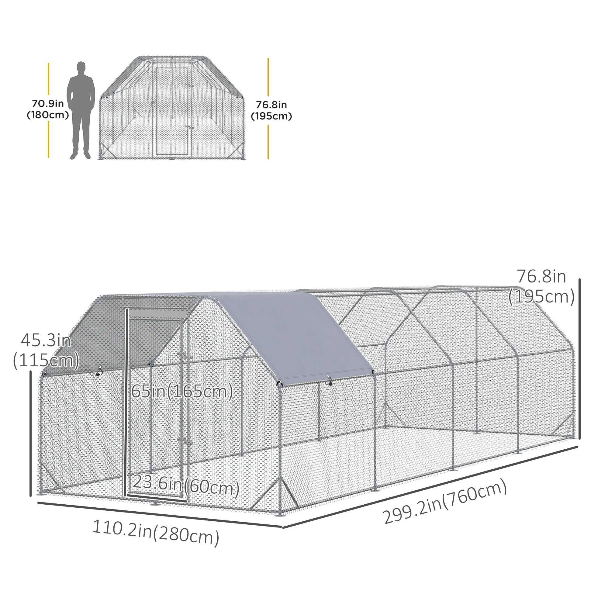 Large Metal Chicken Coop, Walk-In Enclosure, 9.2' x 24.9' x 6.5', Silver - Image 3