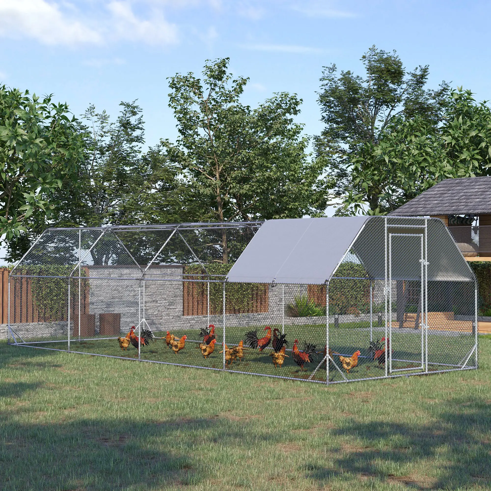 Large Metal Chicken Coop, Walk-In Enclosure, 9.2' x 24.9' x 6.5', Silver - Image 8