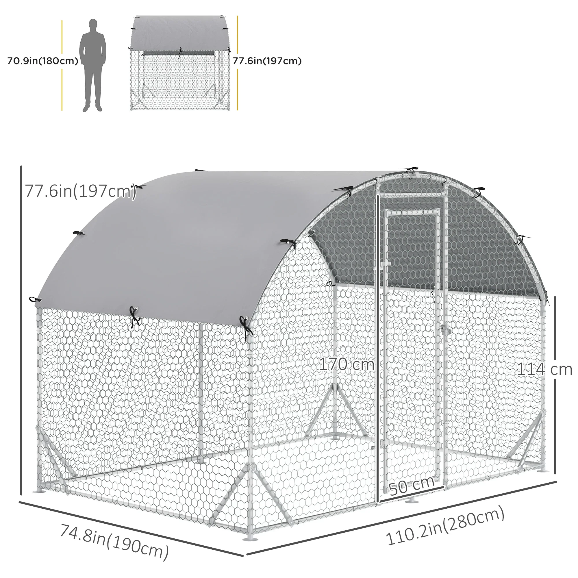 Large Metal Chicken Coop, Walk-in Enclosure, 9.2' x 6.2' x 6.5', Silver - Image 3