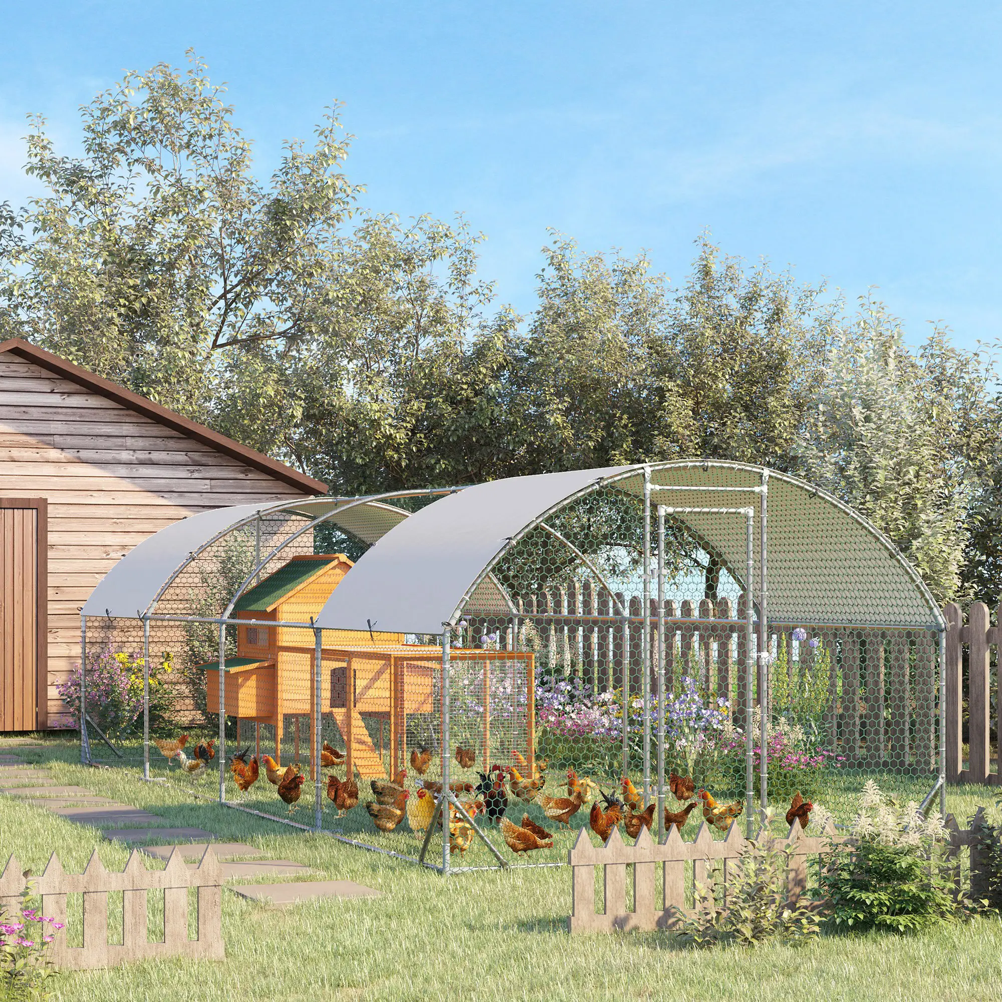 Large Metal Chicken Coop, Walk-in Enclosure, Poultry Hen Run, 9.2' x 24.9' x 6.5', Silver - Image 2