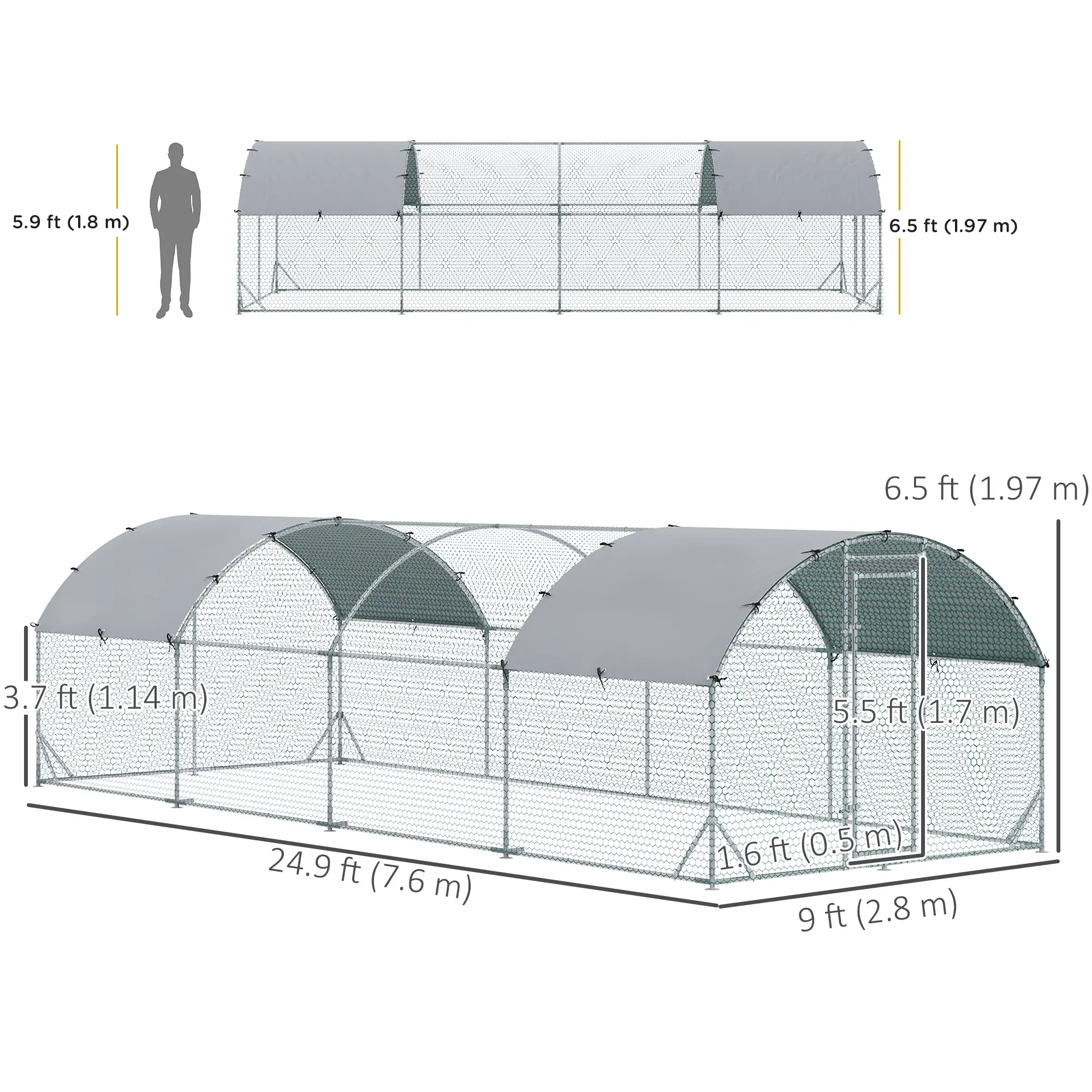 Large Metal Chicken Coop, Walk-in Enclosure, Poultry Hen Run, 9.2' x 24.9' x 6.5', Silver - Image 3