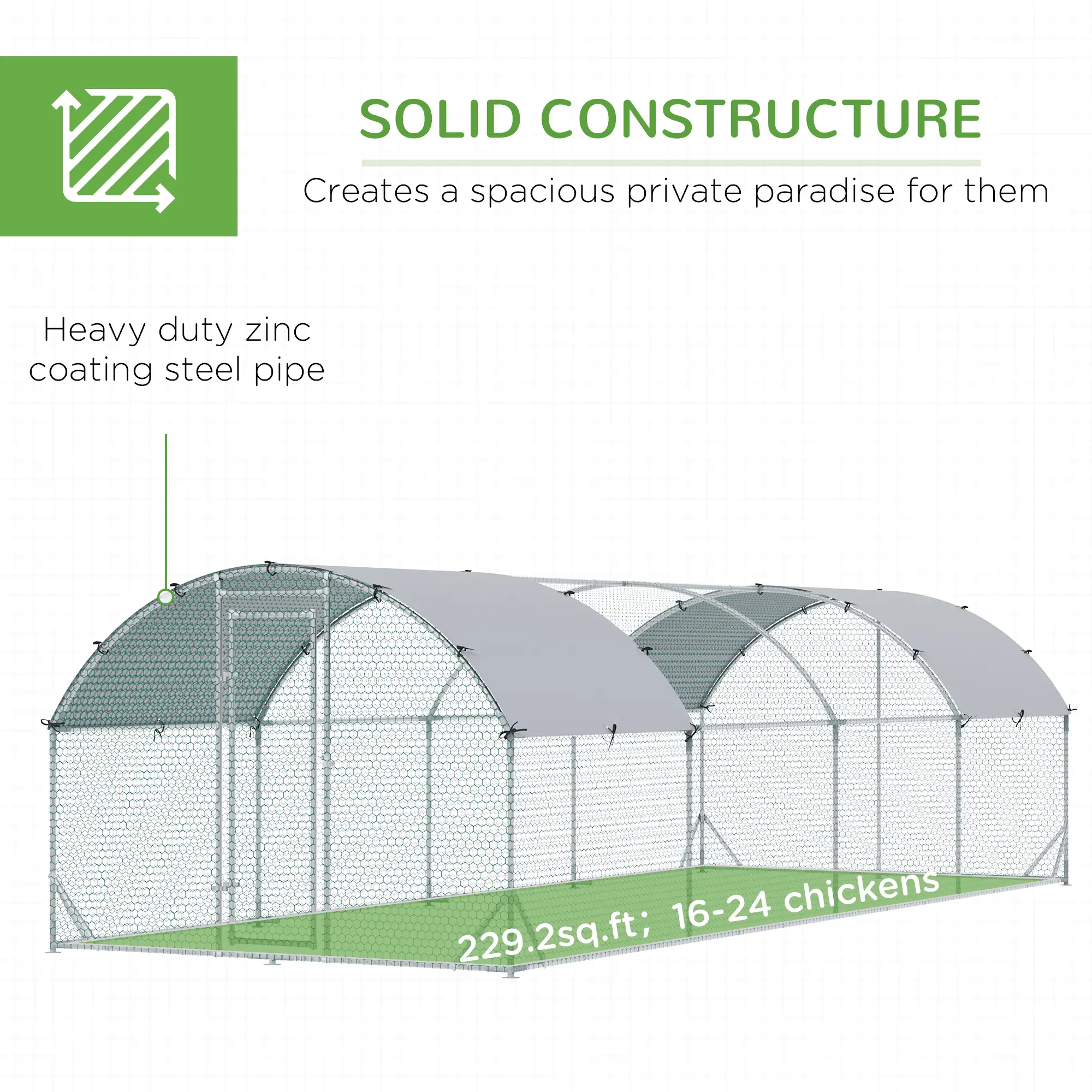 Large Metal Chicken Coop, Walk-in Enclosure, Poultry Hen Run, 9.2' x 24.9' x 6.5', Silver - Image 6