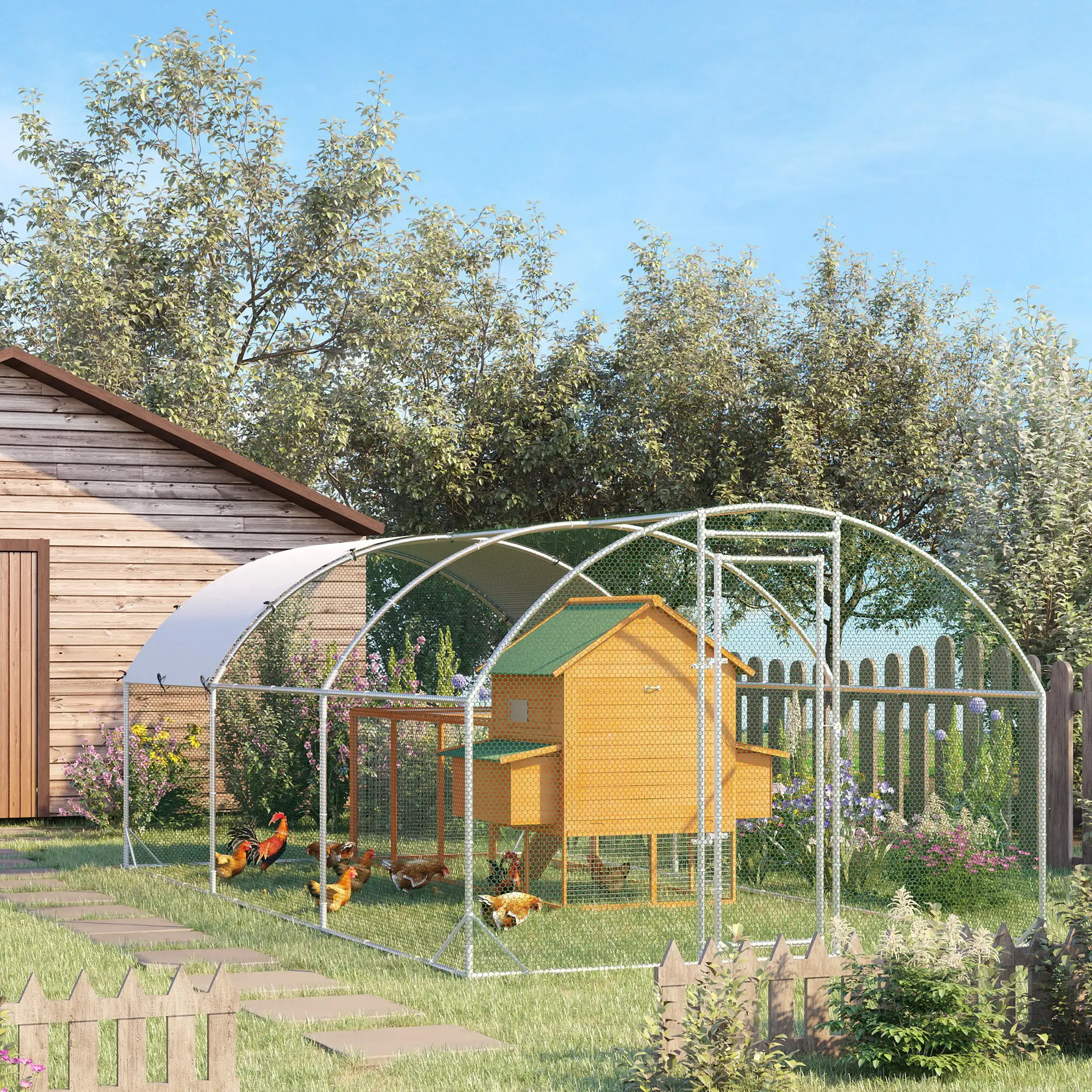 Large Metal Chicken Coop, Walk-in Enclosure, Poultry Hen Run, Rabbit Hutch, 9.2' x 18.7' x 6.5', Silver - Image 10
