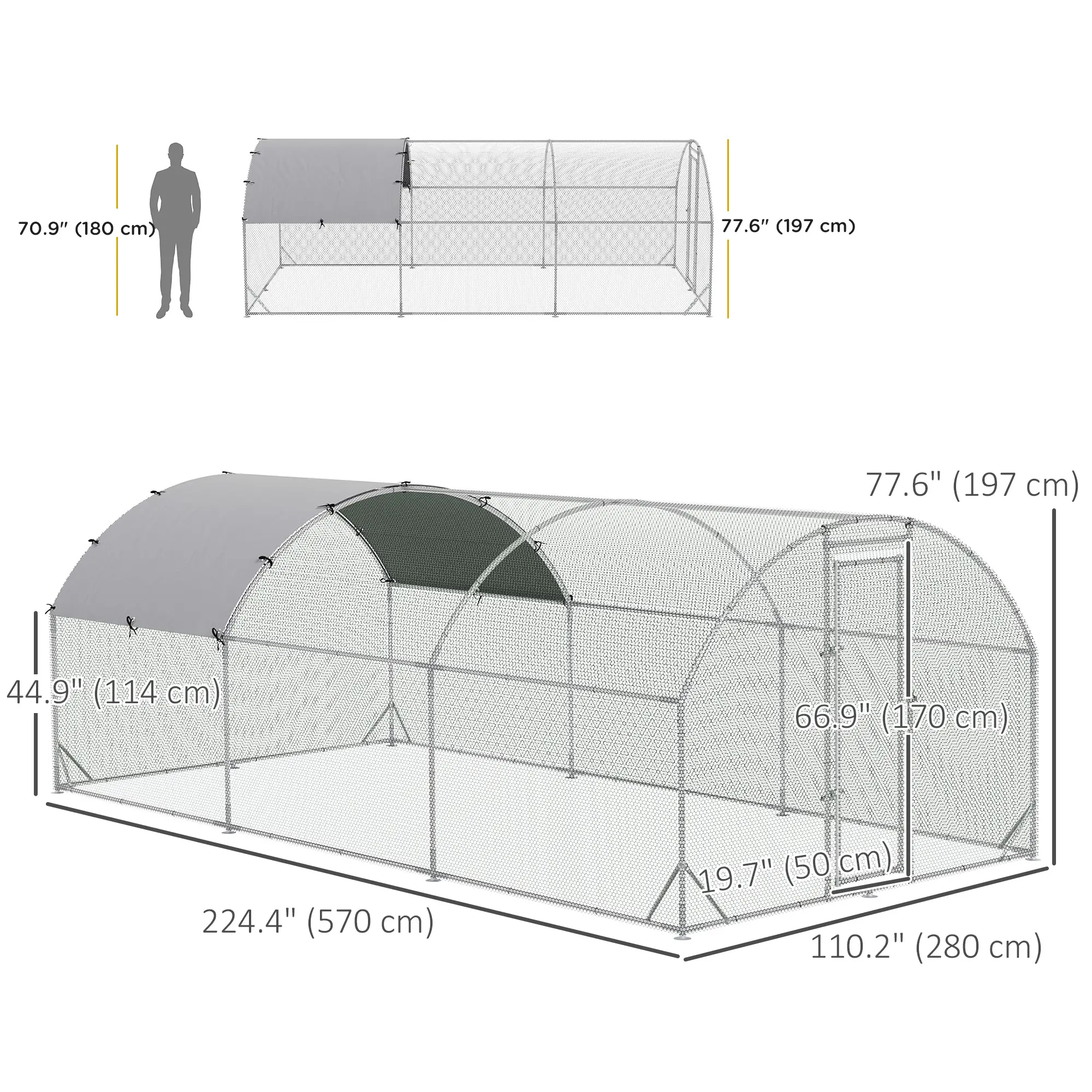 Large Metal Chicken Coop, Walk-in Enclosure, Poultry Hen Run, Rabbit Hutch, 9.2' x 18.7' x 6.5', Silver - Image 3