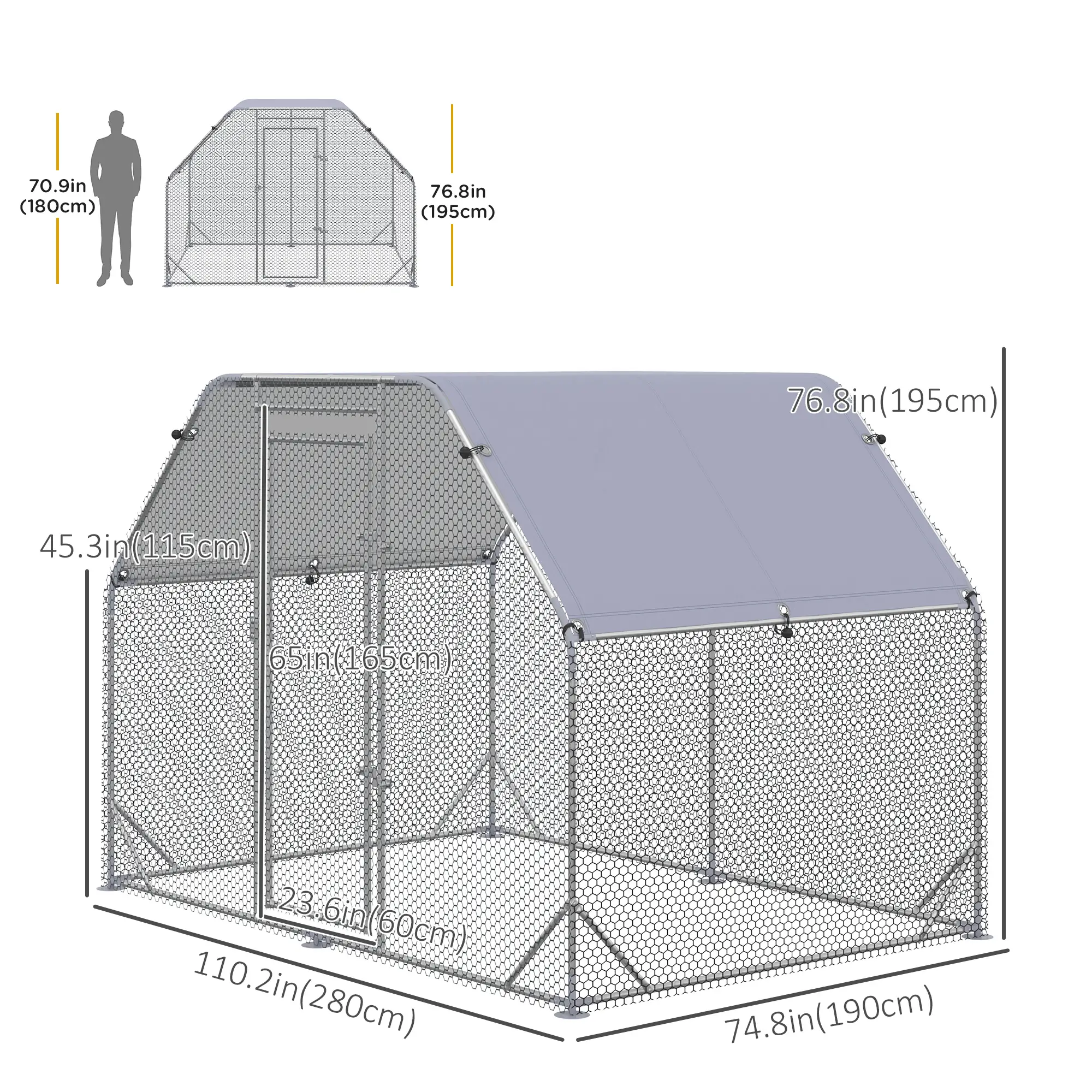Large Metal Chicken Coop, Walk-In Poultry Enclosure, 9.2' x 6.2' x 6.5', Silver - Image 3