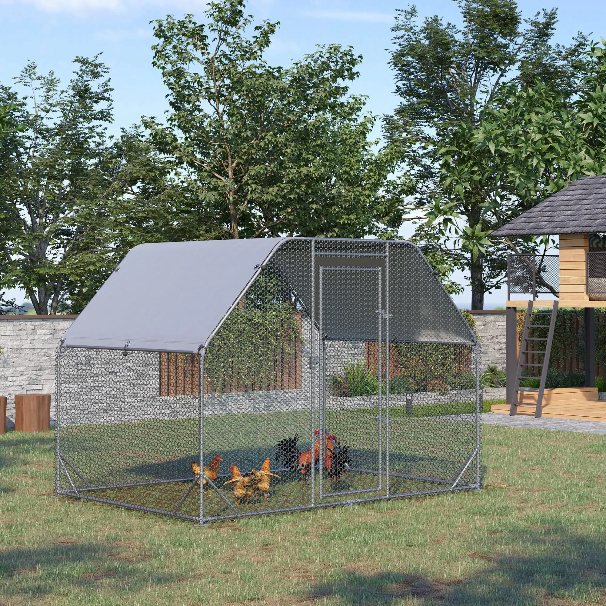 Large Metal Chicken Coop, Walk-In Poultry Enclosure, 9.2' x 6.2' x 6.5', Silver - Image 8