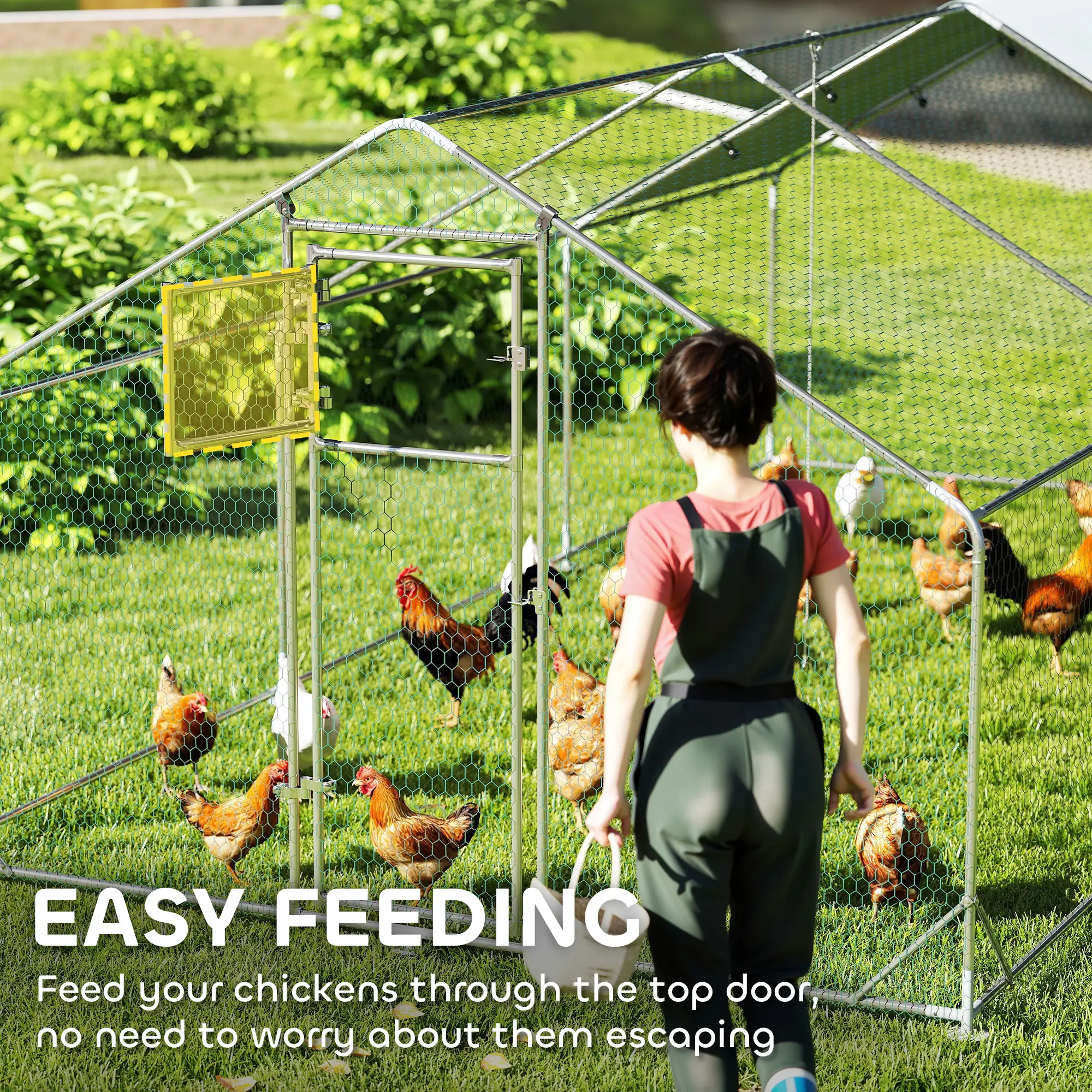 Large Metal Chicken Run, Waterproof UV-Resistant Cover, Feeding Door, Hanging Feeder, Perch, 18-24 Chickens - Image 4