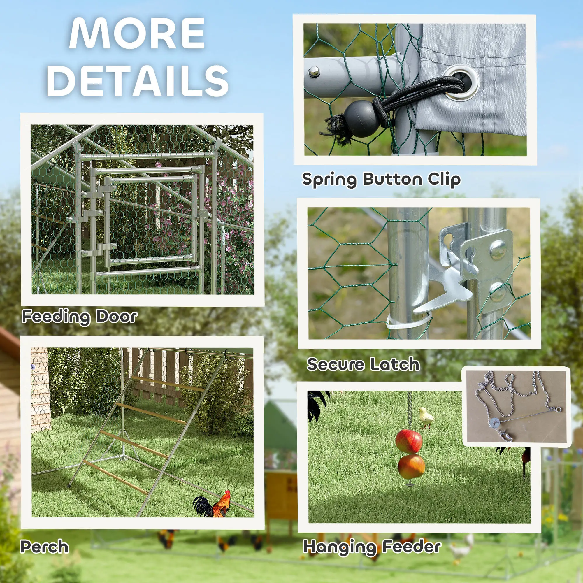 Large Metal Chicken Run, Waterproof UV-Resistant Cover, Feeding Door, Hanging Feeder, Perch, 18-24 Chickens - Image 9