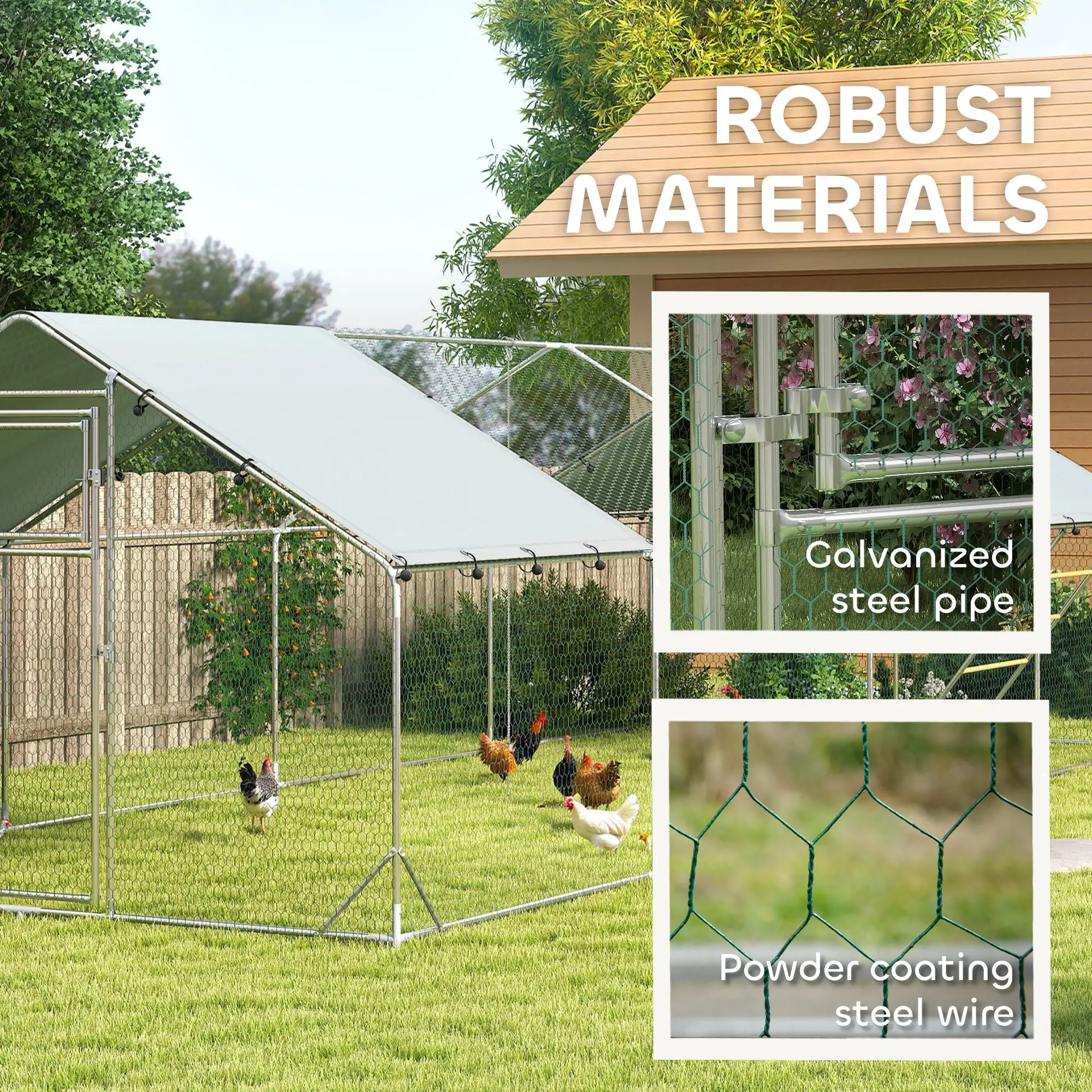 Large Metal Chicken Run, Waterproof UV-Resistant Cover, Feeding Door, Hanging Feeder, Perch, 24-30 Chickens - Image 7
