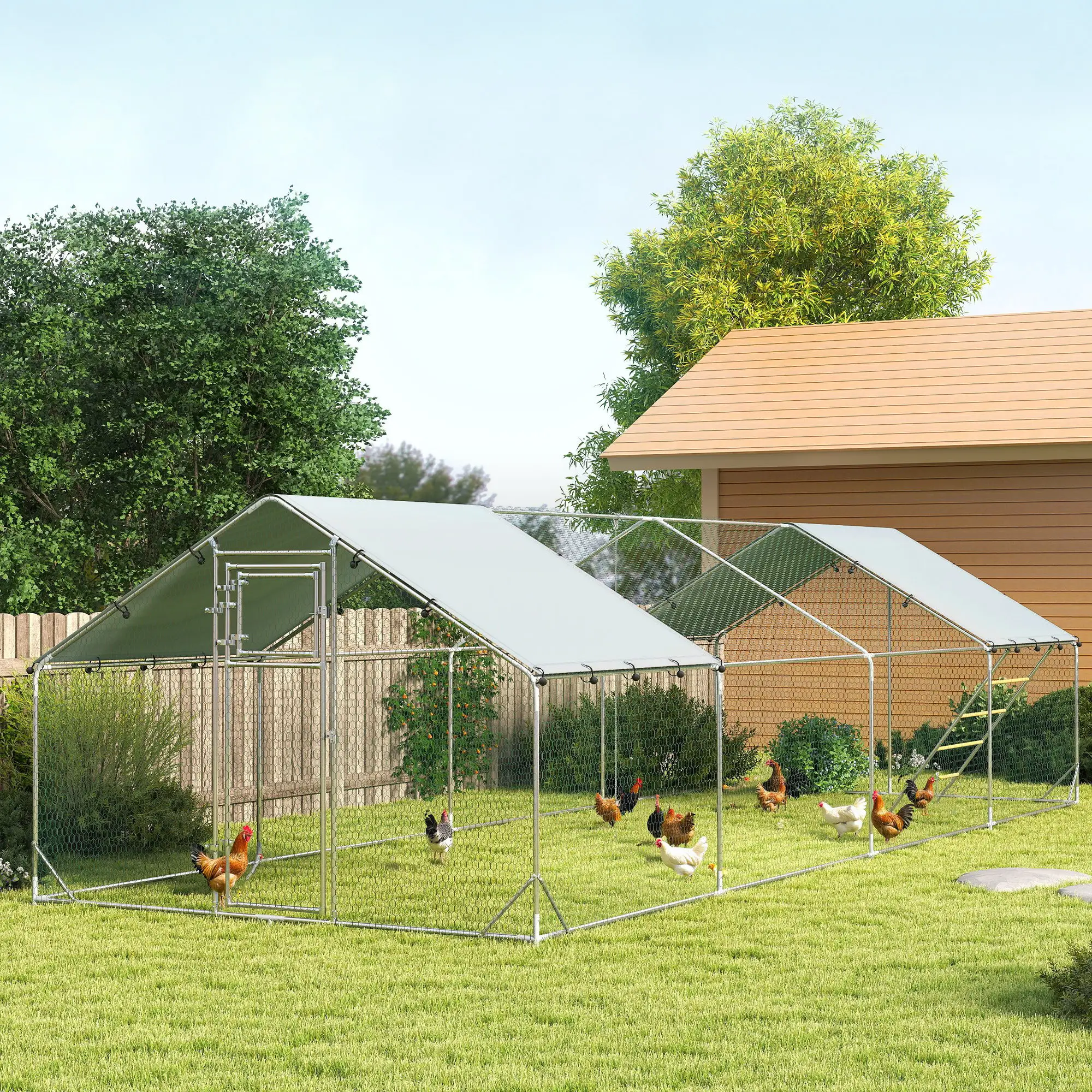 Large Metal Chicken Run, Waterproof UV-Resistant Cover, Feeding Door, Hanging Feeder, Perch, 24-30 Chickens - Image 8