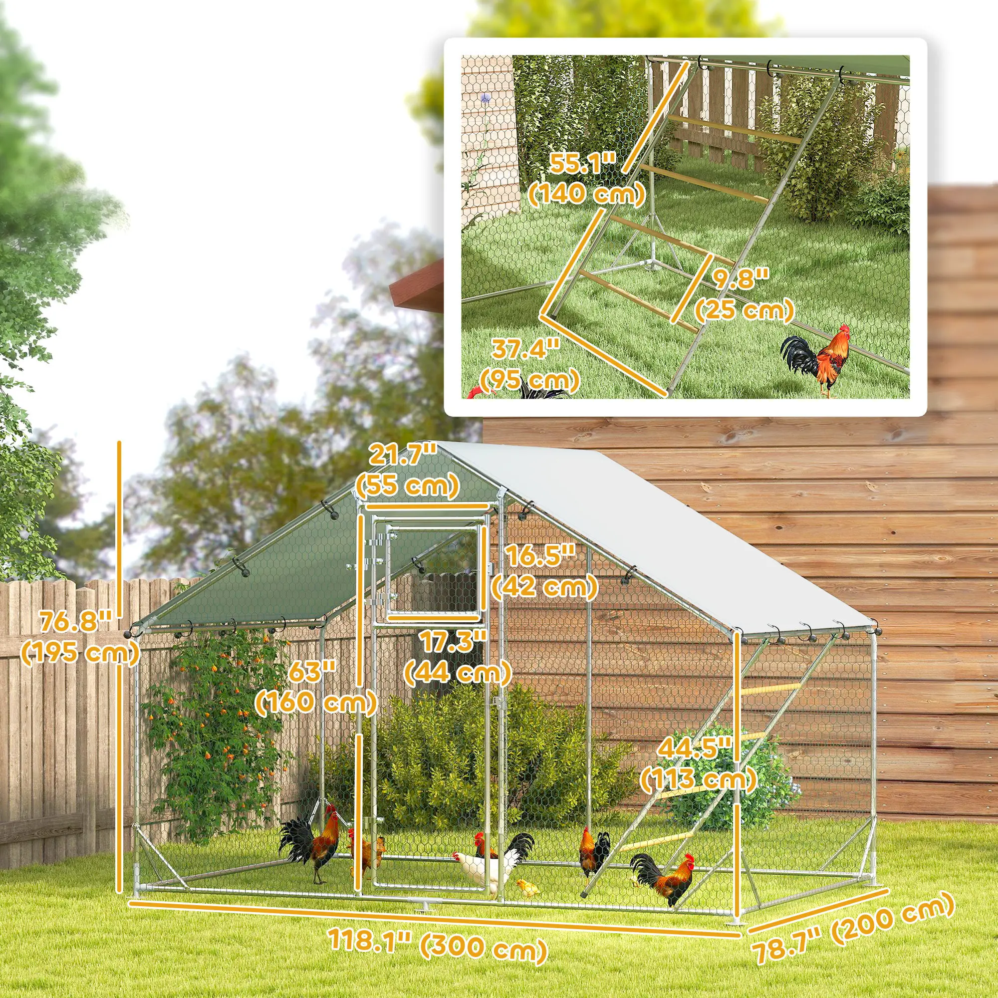 Large Metal Chicken Run, Waterproof UV-Resistant Cover, Feeding Door, Hanging Feeder, Perch for 6-8 Chickens - Image 3