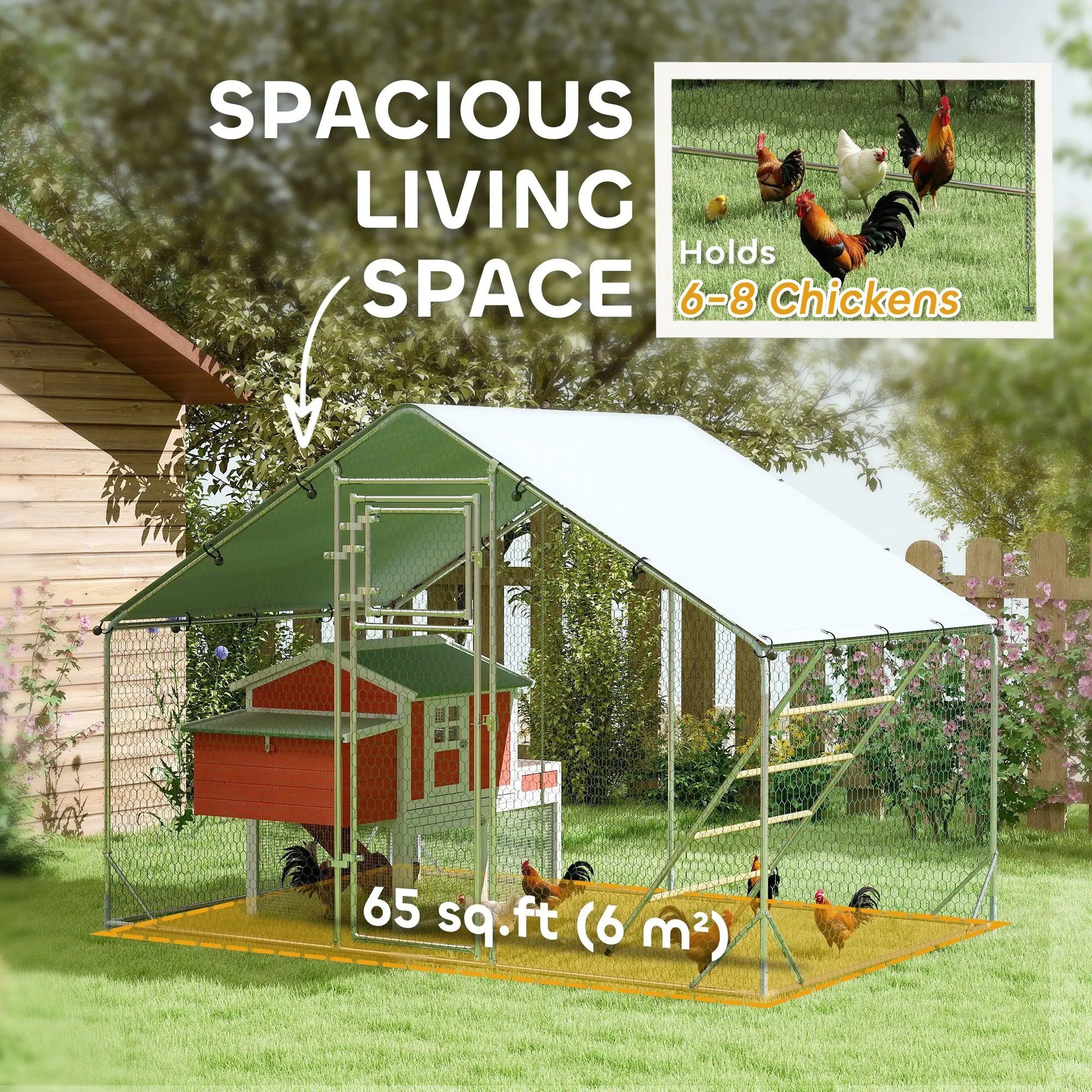 Large Metal Chicken Run, Waterproof UV-Resistant Cover, Feeding Door, Hanging Feeder, Perch for 6-8 Chickens - Image 5