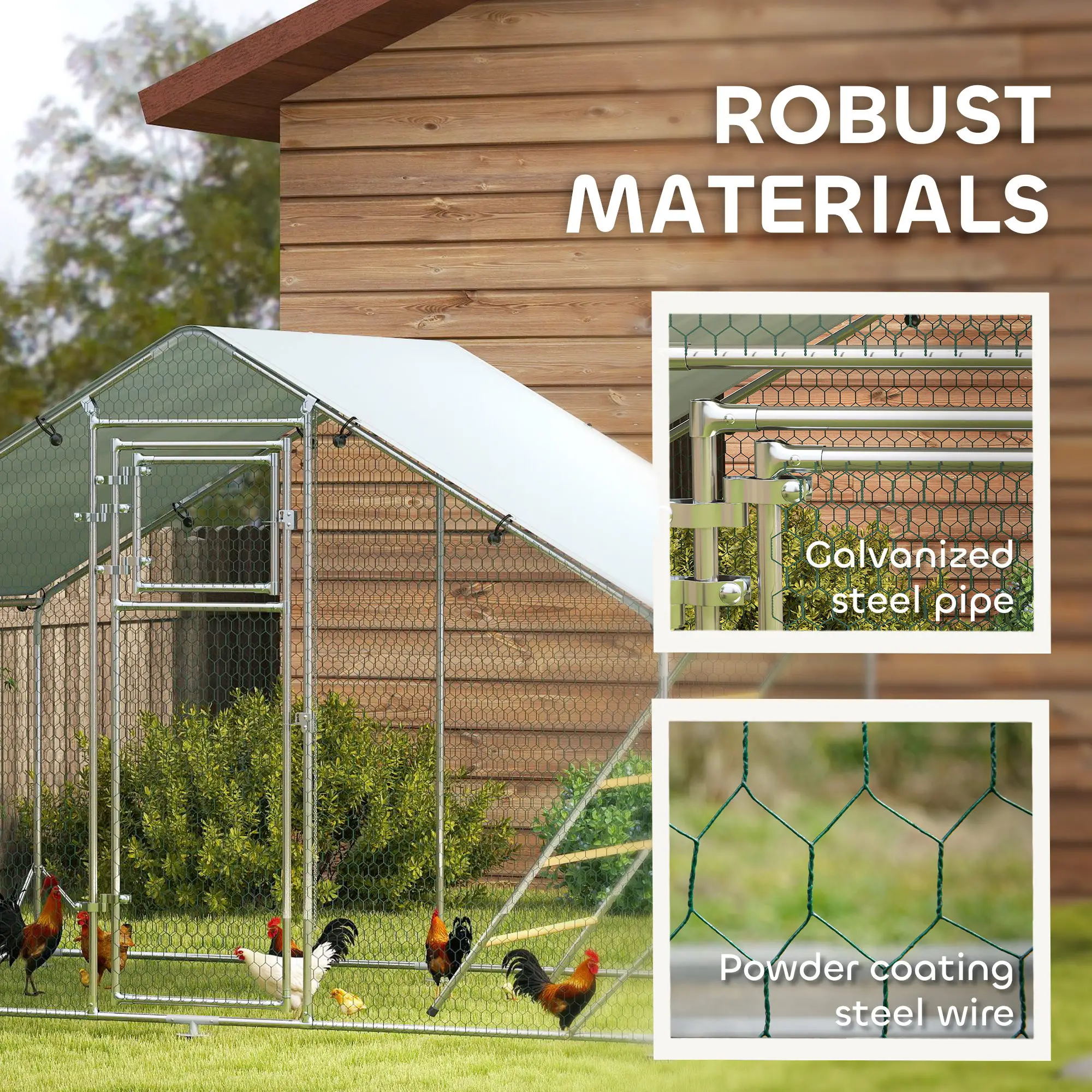 Large Metal Chicken Run, Waterproof UV-Resistant Cover, Feeding Door, Hanging Feeder, Perch for 6-8 Chickens - Image 7