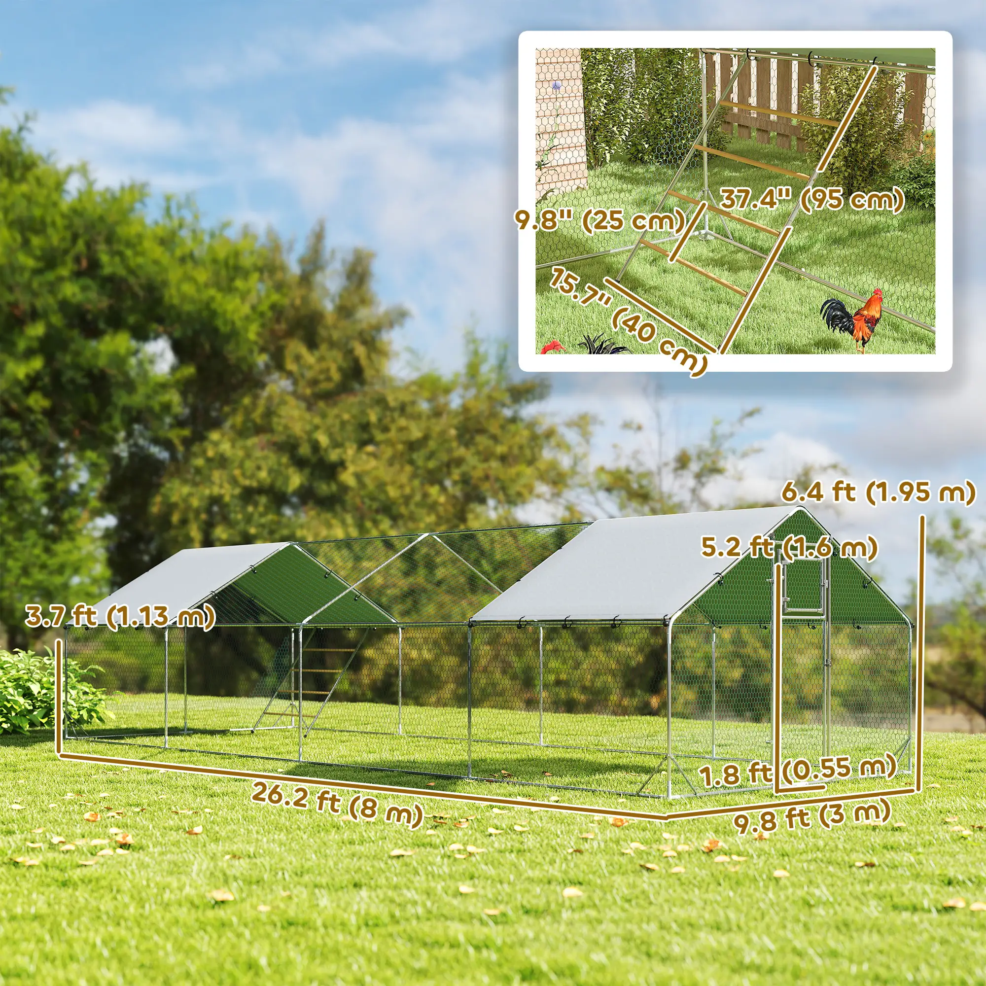 Large Metal Chicken Run With Waterproof Cover, Feeding Door, Perch - Image 3