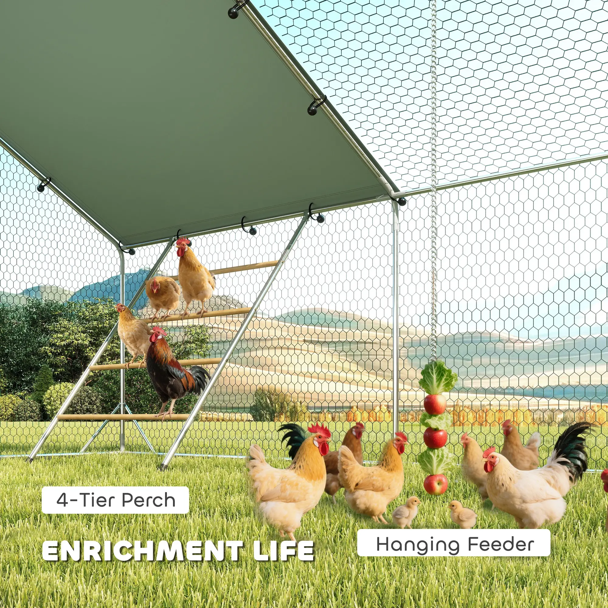 Large Metal Chicken Run With Waterproof Cover, Feeding Door, Perch - Image 4