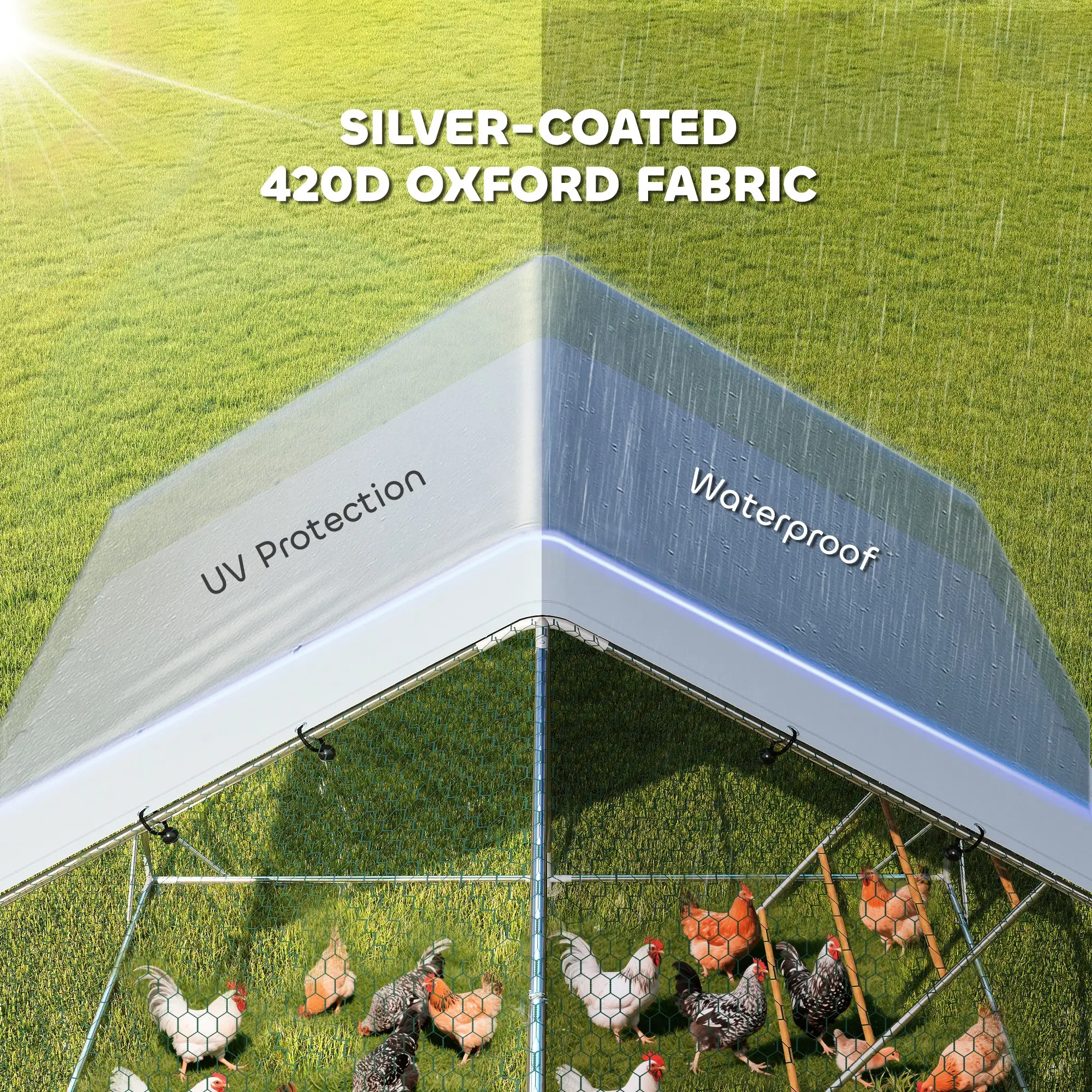 Large Metal Chicken Run With Waterproof Cover, Feeding Door, Perch - Image 5