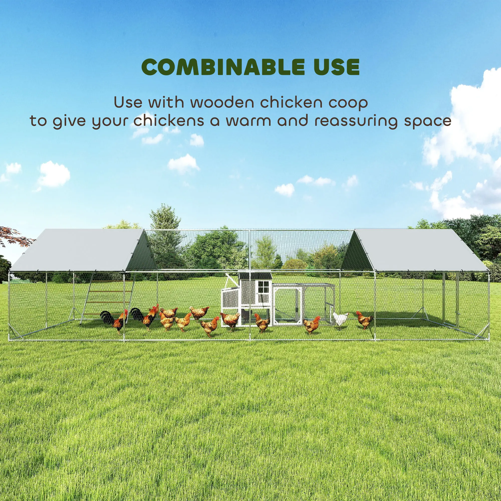 Large Metal Chicken Run With Waterproof Cover, Feeding Door, Perch - Image 6
