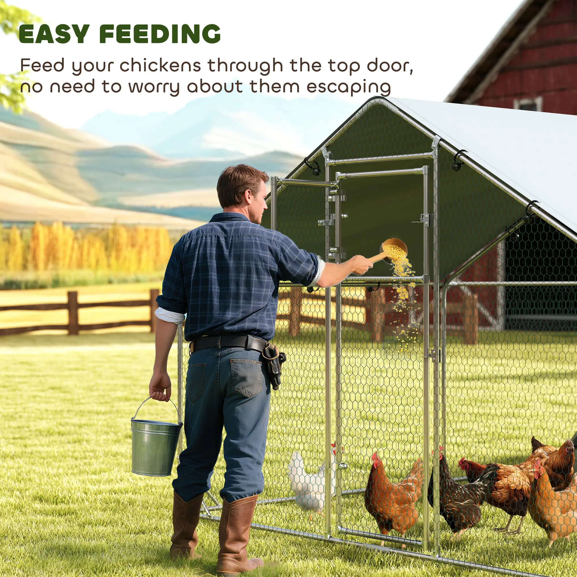 Large Metal Chicken Run With Waterproof Cover, Feeding Door, Perch - Image 9