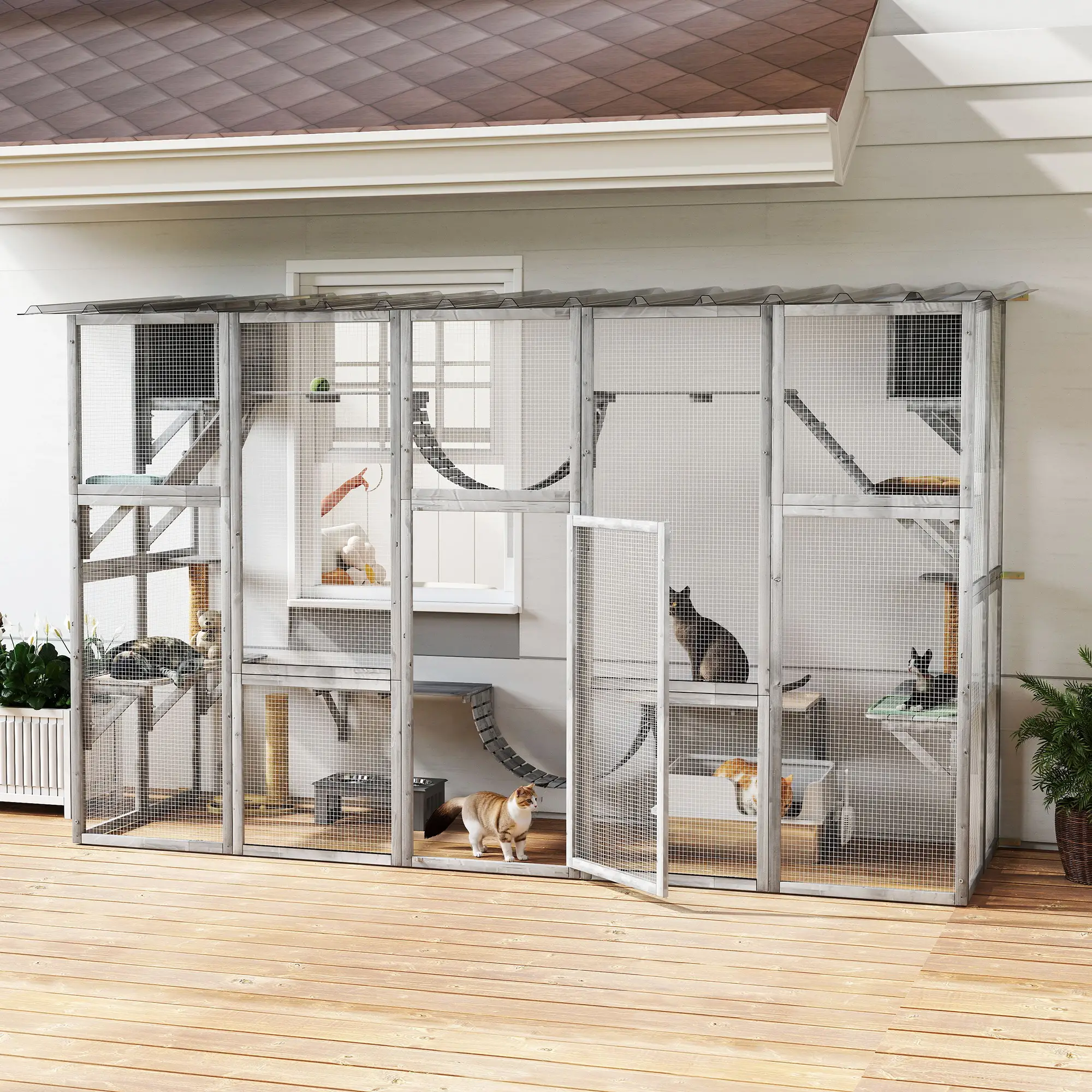 Large Outdoor Catio, Condos, Platforms, Doors, Ladders, Weather-Resistant Roof, Grey - Image 2