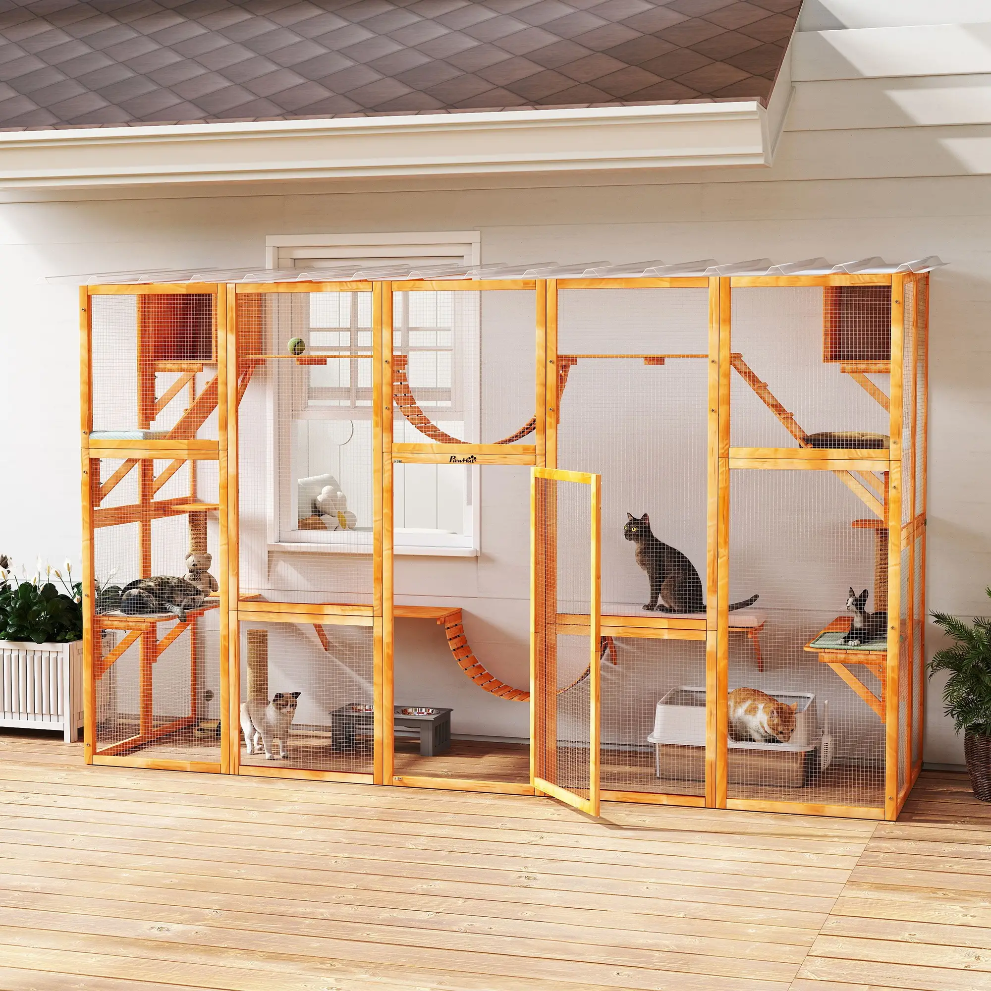 Large Outdoor Catio, Condos, Platforms, Doors, Ladders, Weather-Resistant Roof, Orange - Image 2