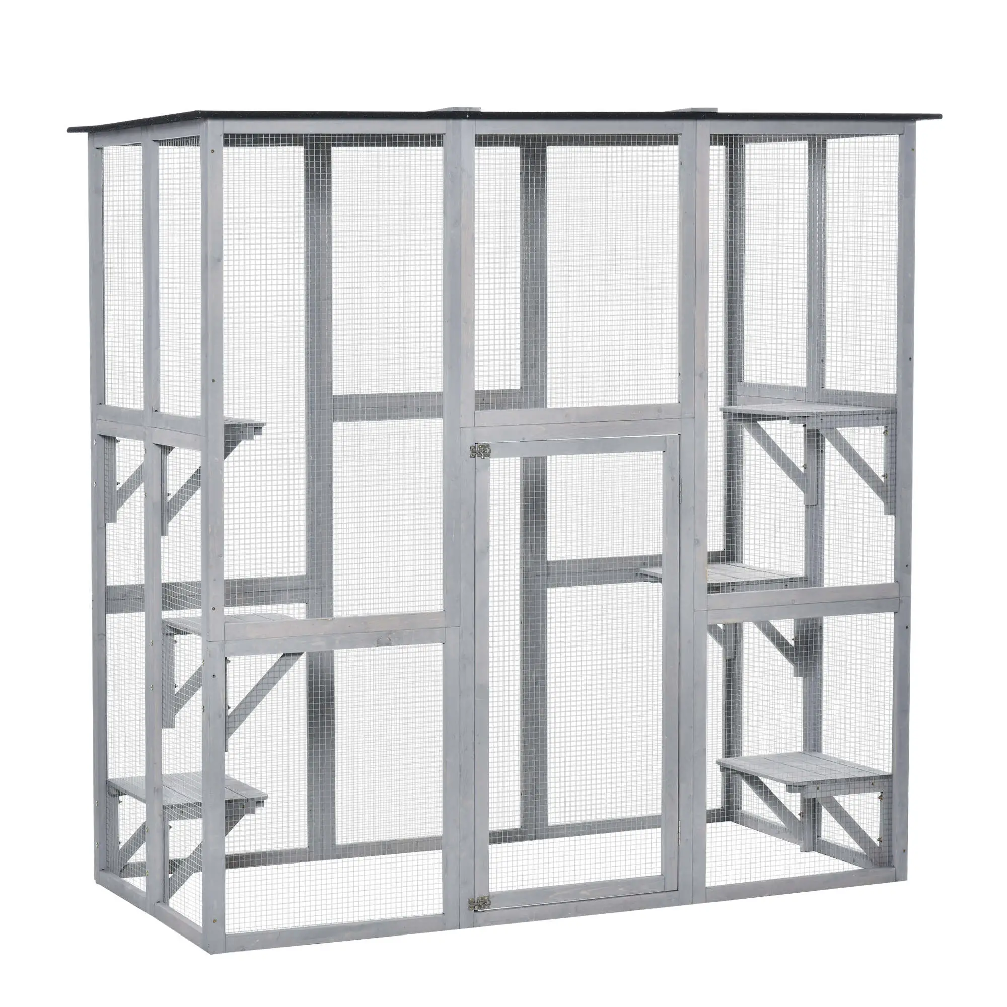 Large Outdoor Catio Enclosure, Weatherproof Cat House, Wooden Patio Cage, 6 Platforms, 71" x 39" x 71", Grey