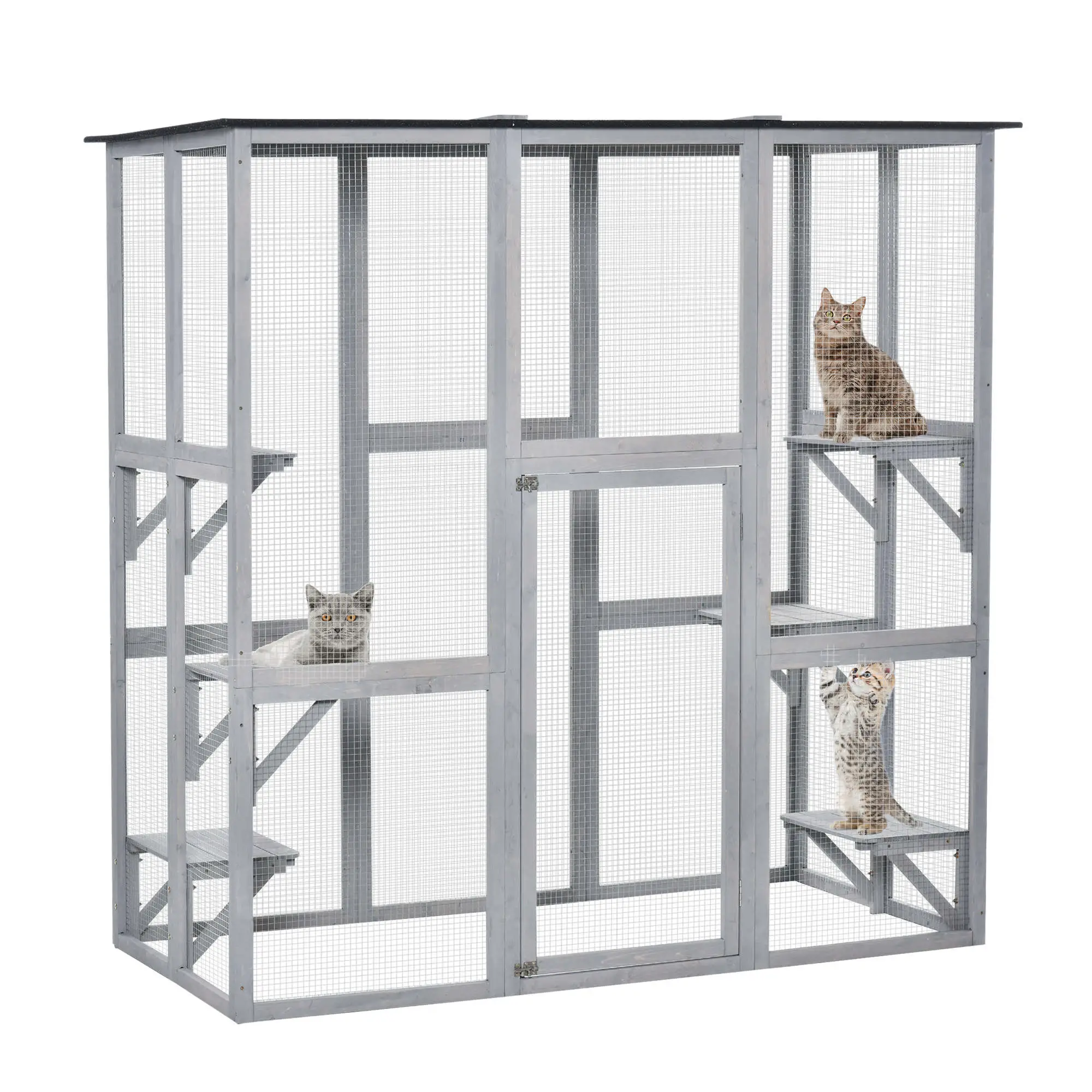 Large Outdoor Catio Enclosure, Weatherproof Cat House, Wooden Patio Cage, 6 Platforms, 71" x 39" x 71", Grey - Image 12