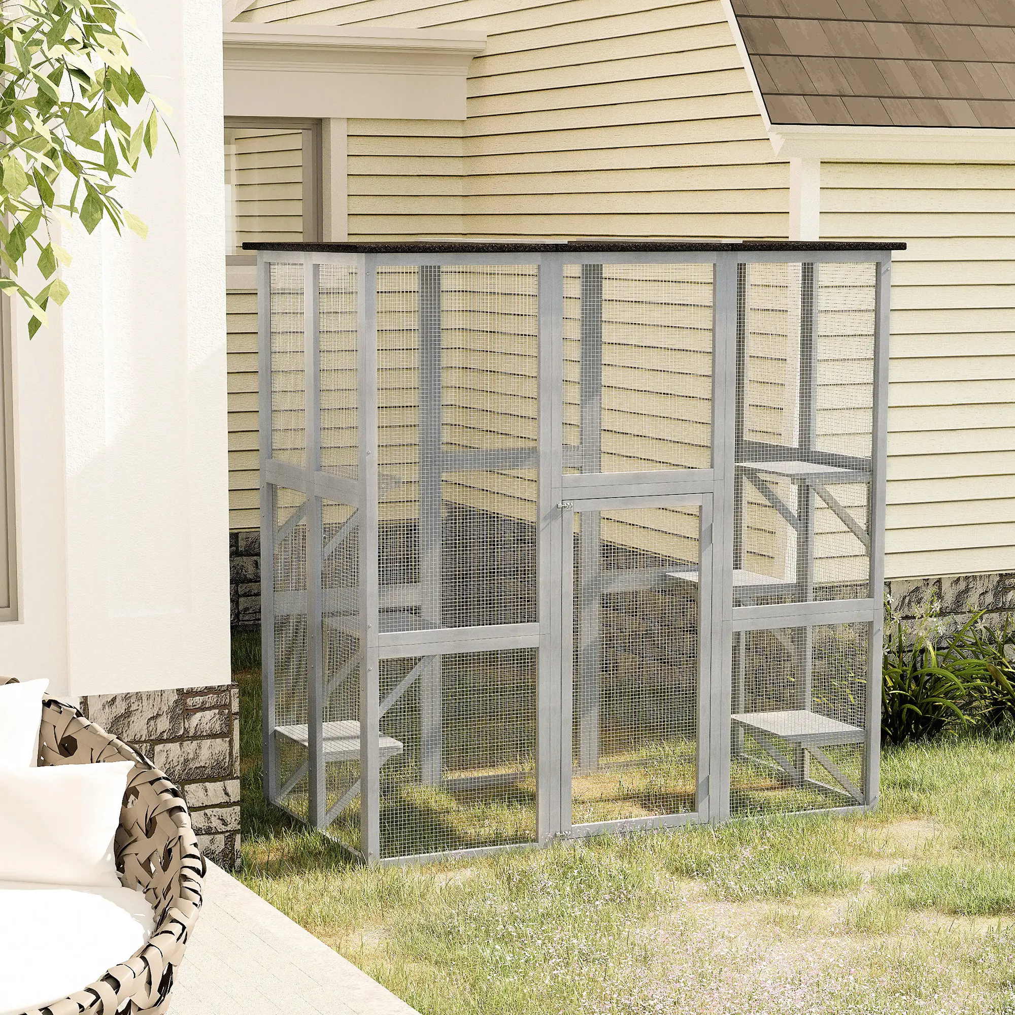 Large Outdoor Catio Enclosure, Weatherproof Cat House, Wooden Patio Cage, 6 Platforms, 71" x 39" x 71", Grey - Image 2
