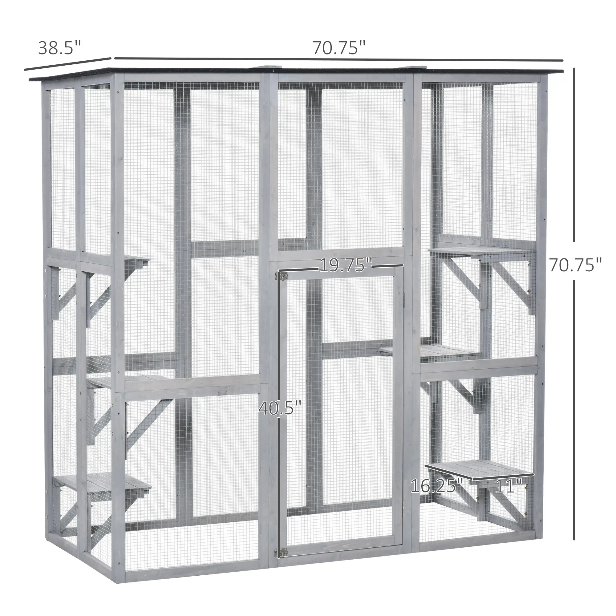 Large Outdoor Catio Enclosure, Weatherproof Cat House, Wooden Patio Cage, 6 Platforms, 71" x 39" x 71", Grey - Image 3