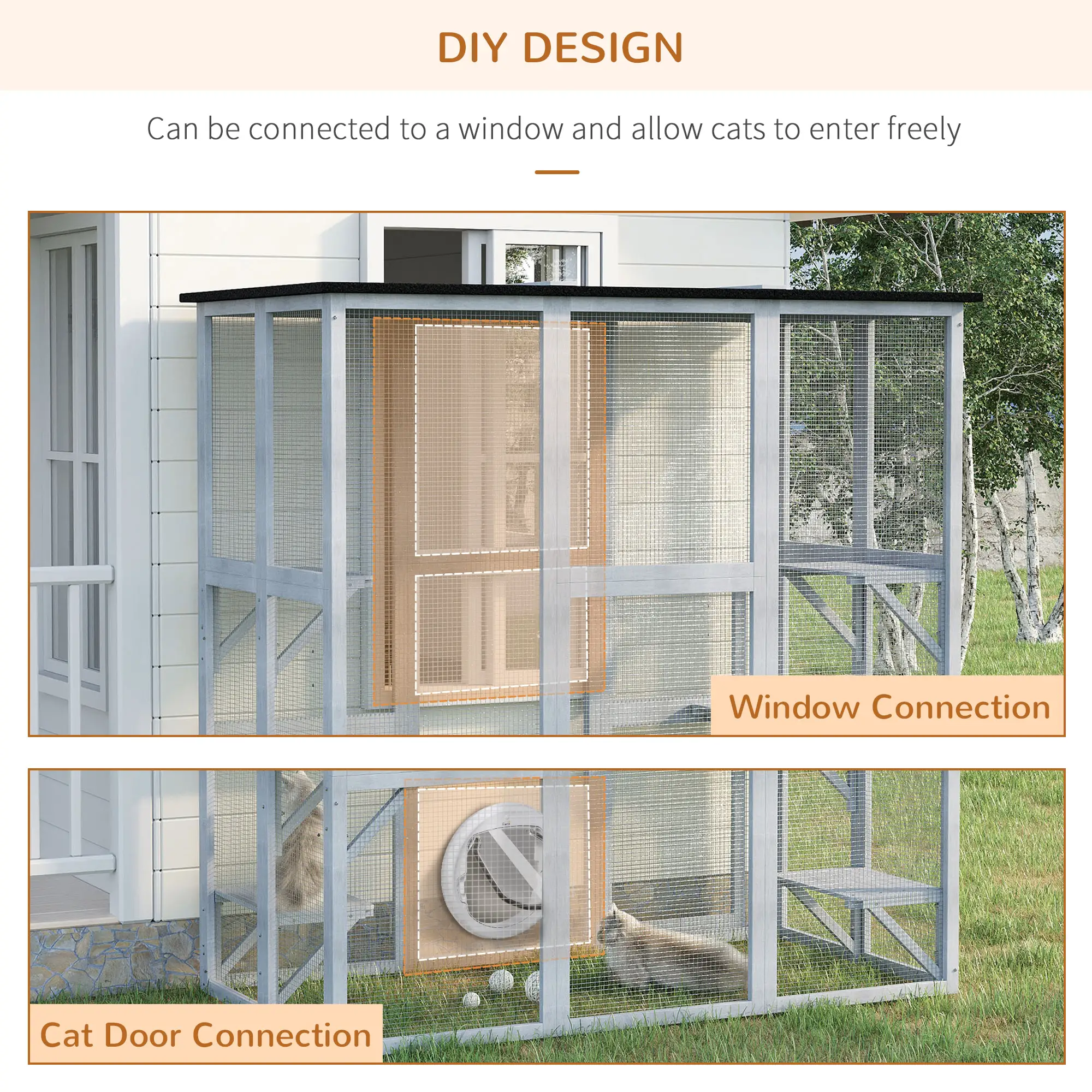 Large Outdoor Catio Enclosure, Weatherproof Cat House, Wooden Patio Cage, 6 Platforms, 71" x 39" x 71", Grey - Image 4