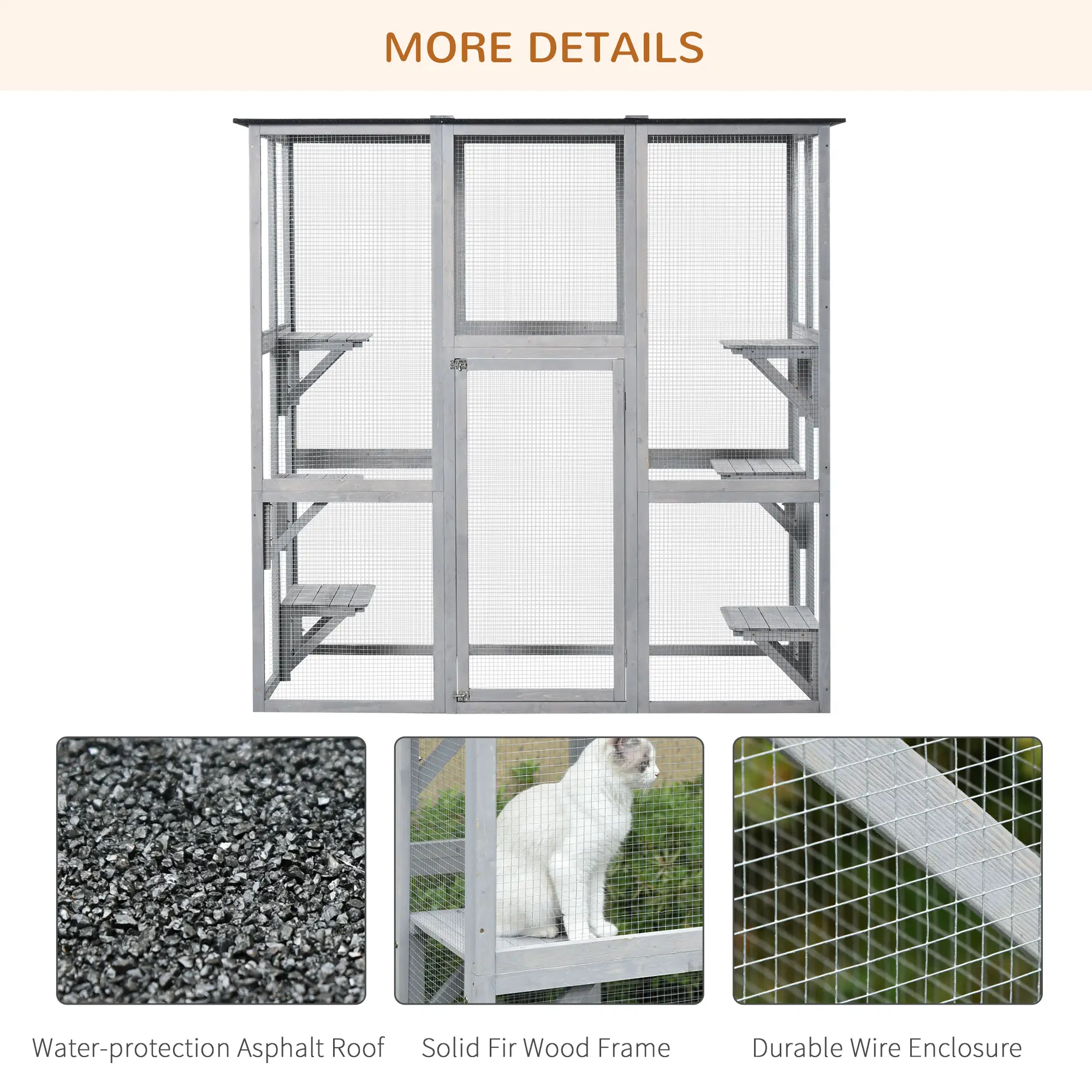 Large Outdoor Catio Enclosure, Weatherproof Cat House, Wooden Patio Cage, 6 Platforms, 71" x 39" x 71", Grey - Image 5