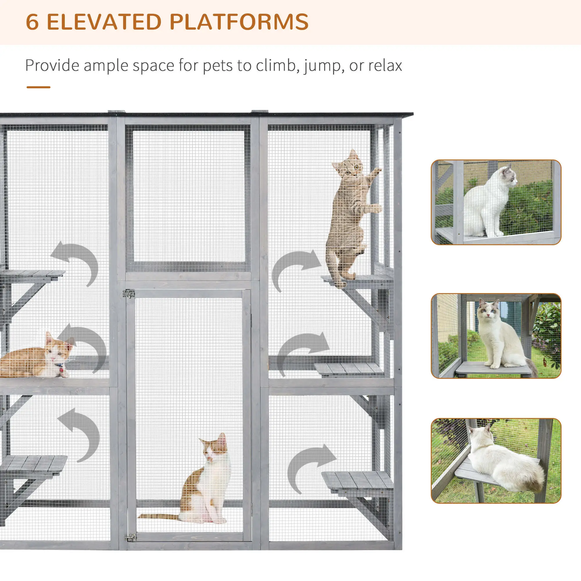 Large Outdoor Catio Enclosure, Weatherproof Cat House, Wooden Patio Cage, 6 Platforms, 71" x 39" x 71", Grey - Image 6