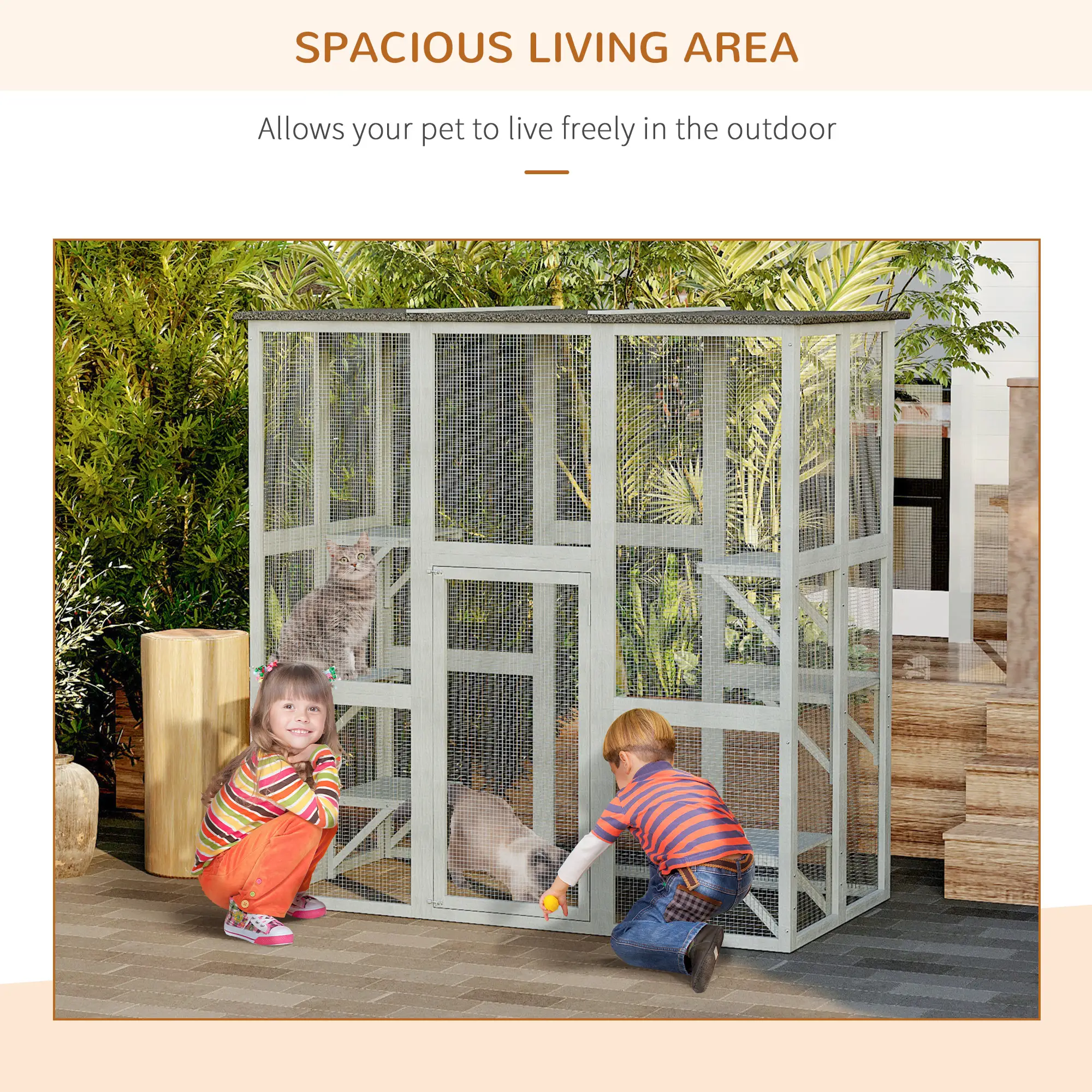 Large Outdoor Catio Enclosure, Weatherproof Cat House, Wooden Patio Cage, 6 Platforms, 71" x 39" x 71", Grey - Image 7