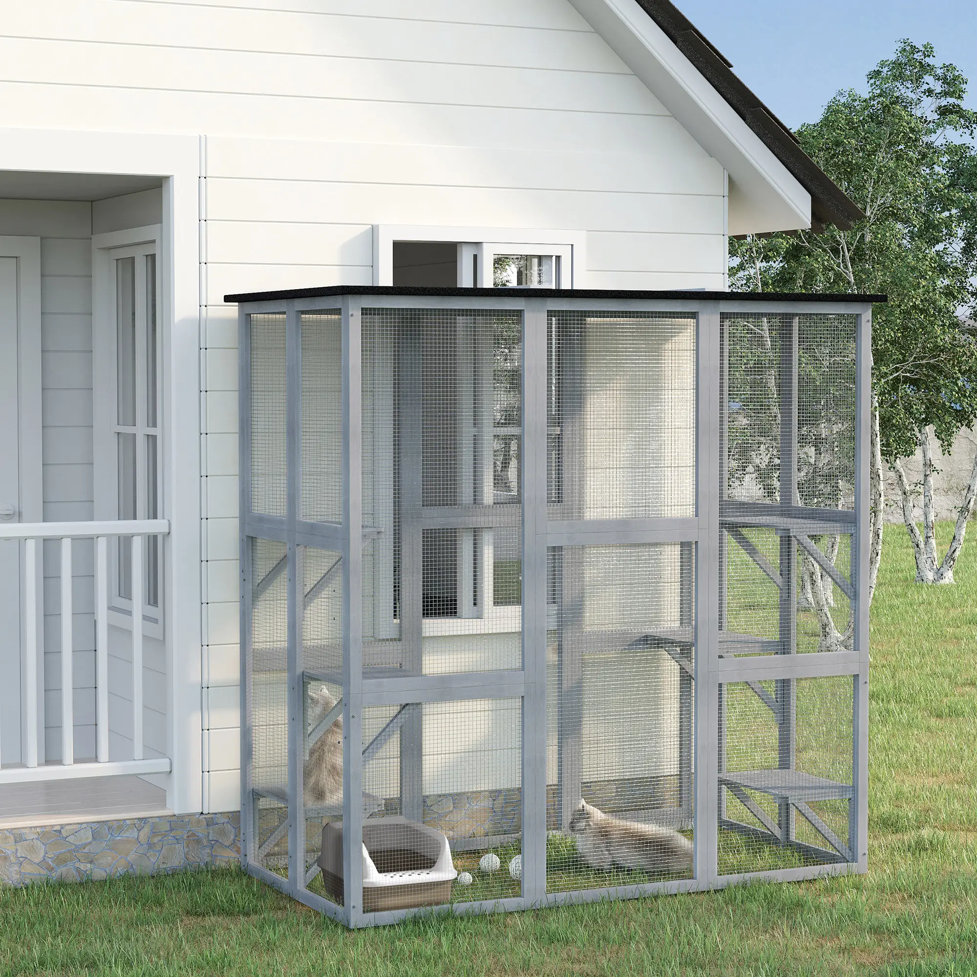 Large Outdoor Catio Enclosure, Weatherproof Cat House, Wooden Patio Cage, 6 Platforms, 71" x 39" x 71", Grey - Image 8