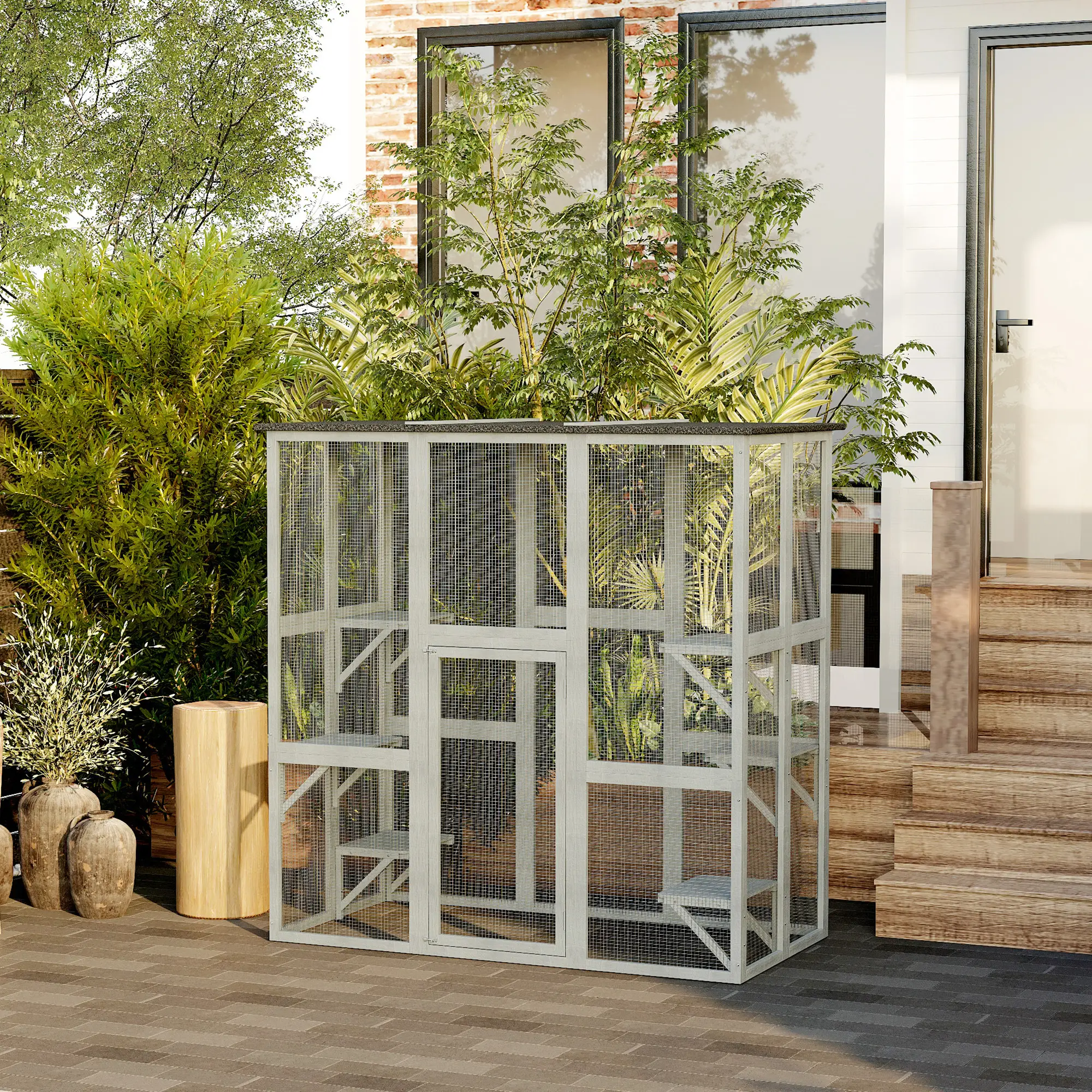 Large Outdoor Catio Enclosure, Weatherproof Cat House, Wooden Patio Cage, 6 Platforms, 71" x 39" x 71", Grey - Image 9