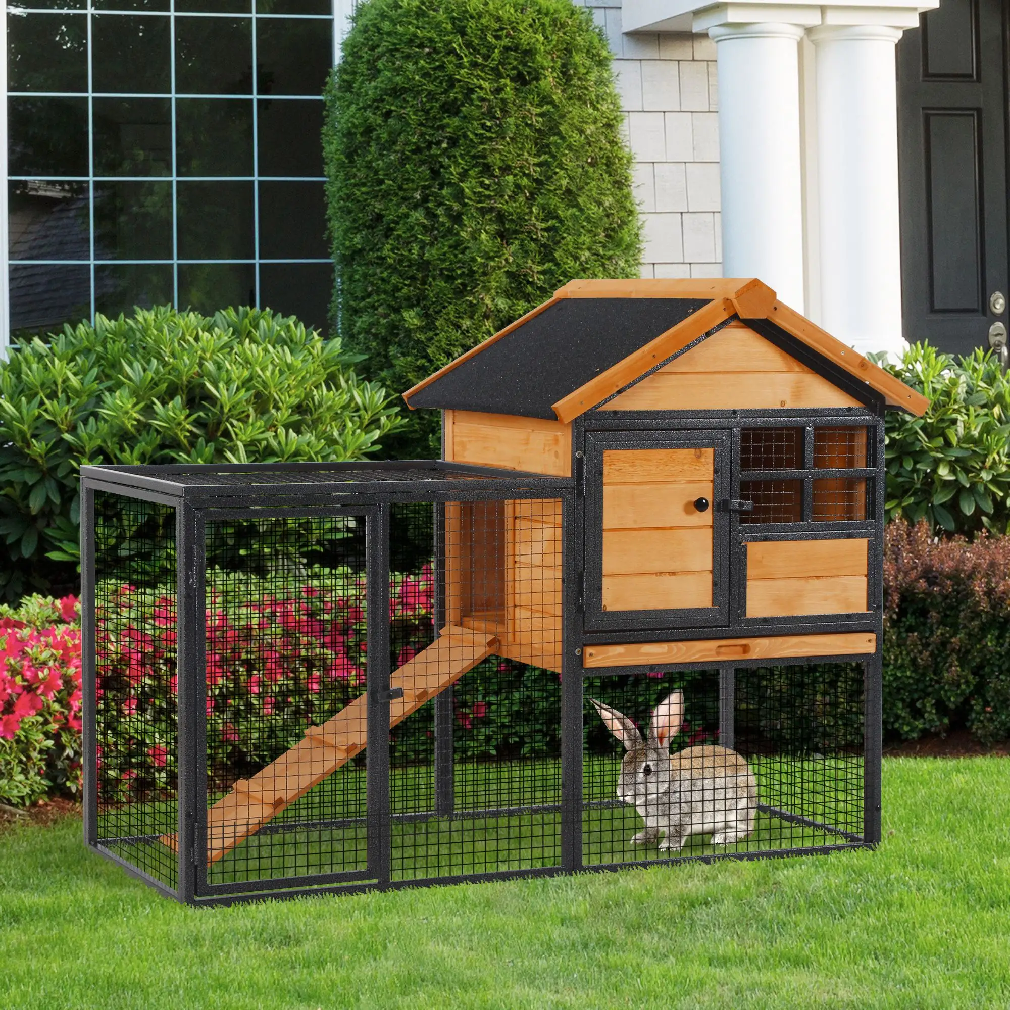 Large Rabbit Hutch, Bunny Cage Pet House, Slide-Out Tray, Lockable Door, Water-Resistant Roof, 48"x25"x36" - Image 2
