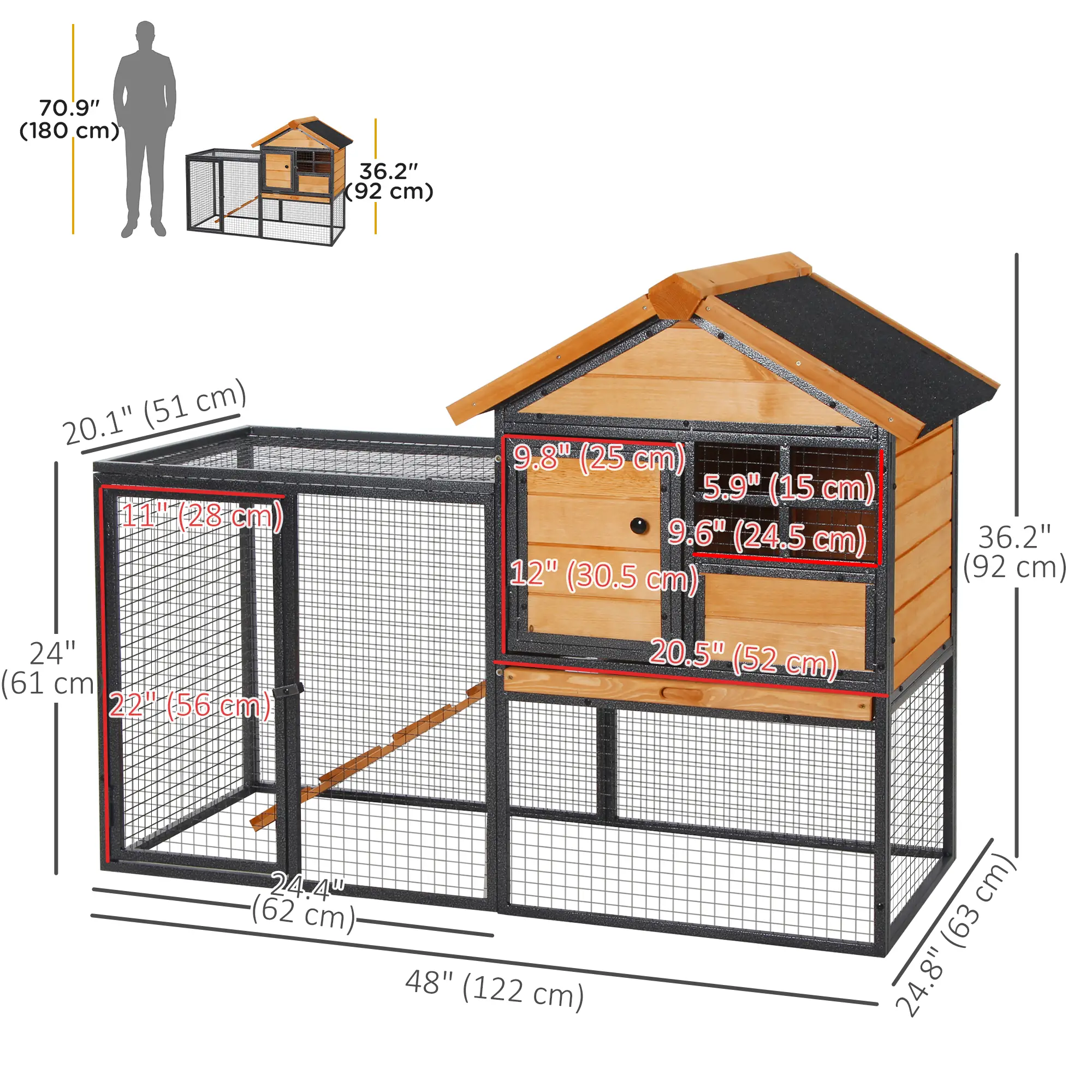 Large Rabbit Hutch, Bunny Cage Pet House, Slide-Out Tray, Lockable Door, Water-Resistant Roof, 48"x25"x36" - Image 3