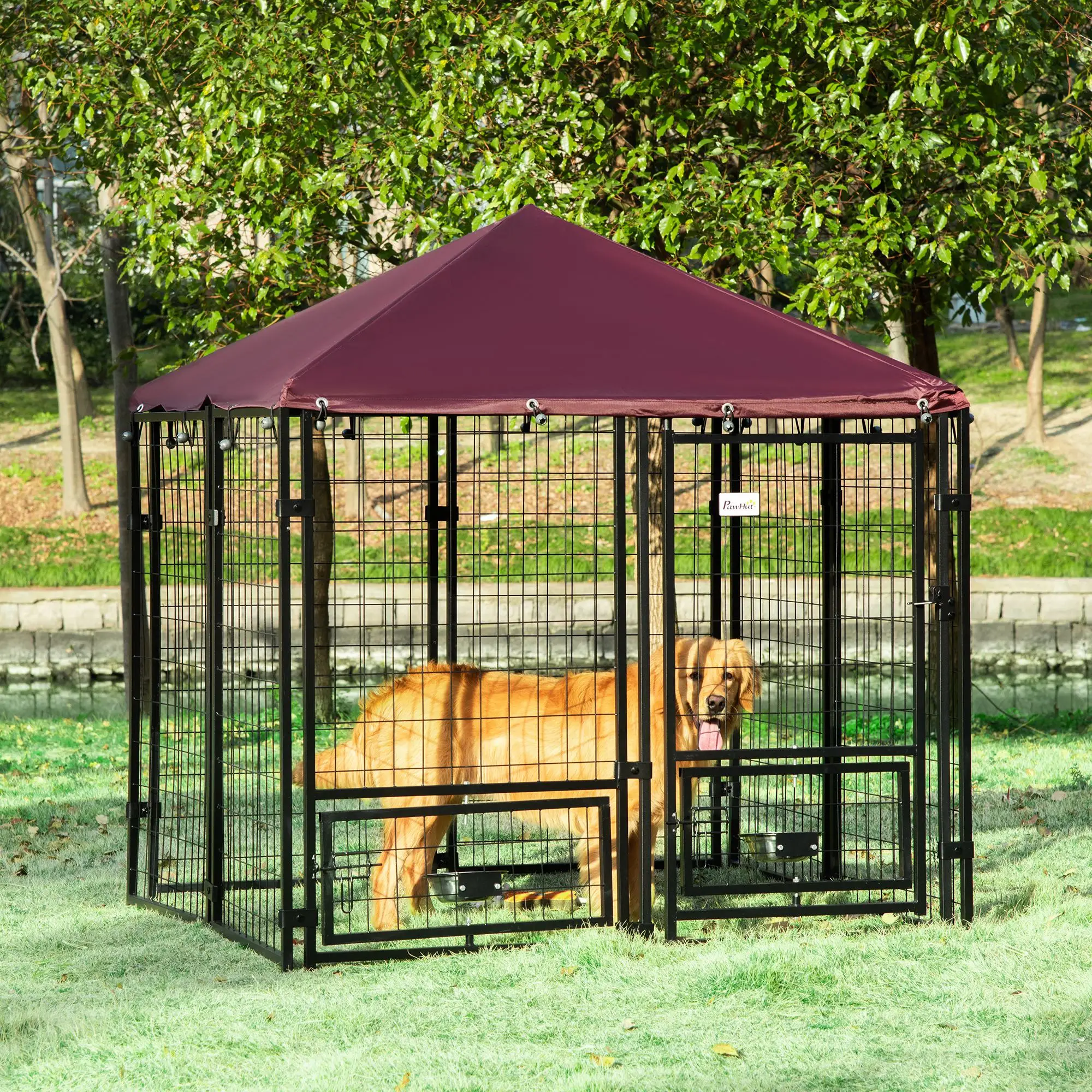 Large Steel Dog Kennel, 4.6ft x 4.6ft x 5ft, Lockable Playpen, UV-Resistant Canopy - Image 2