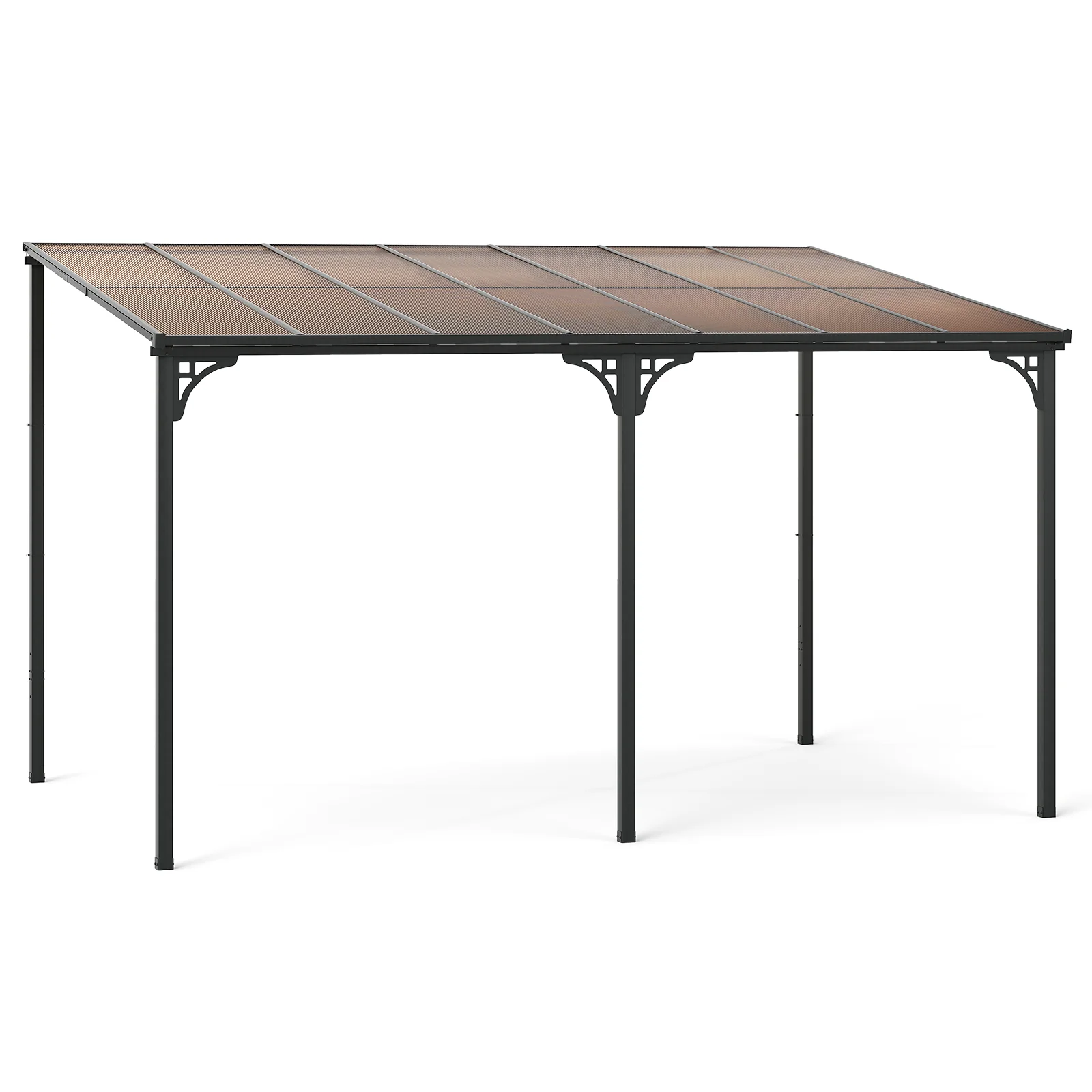 Large Wall Mounted Patio Gazebo, Hardtop Pergola, Sloped Polycarbonate Roof, Natural