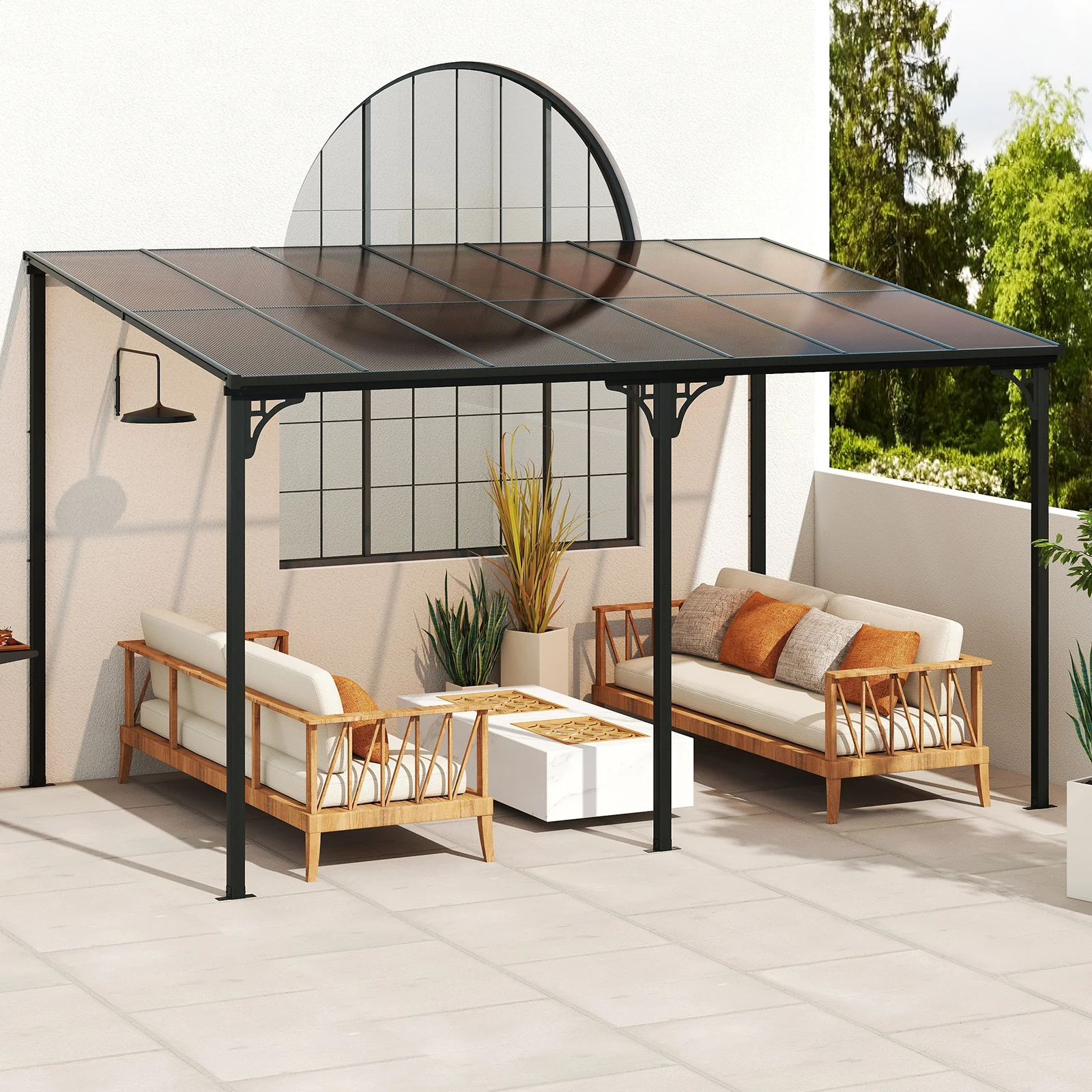 Large Wall Mounted Patio Gazebo, Hardtop Pergola, Sloped Polycarbonate Roof, Natural - Image 2