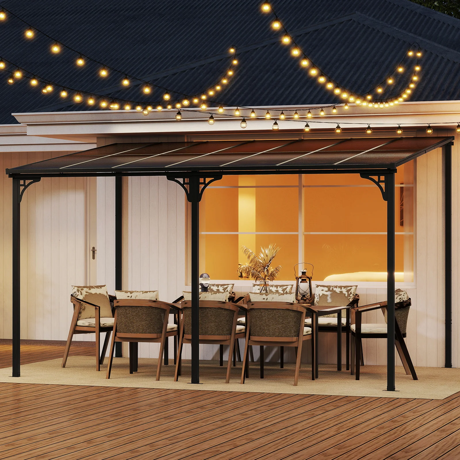 Large Wall Mounted Patio Gazebo, Hardtop Pergola, Sloped Polycarbonate Roof, Natural - Image 3