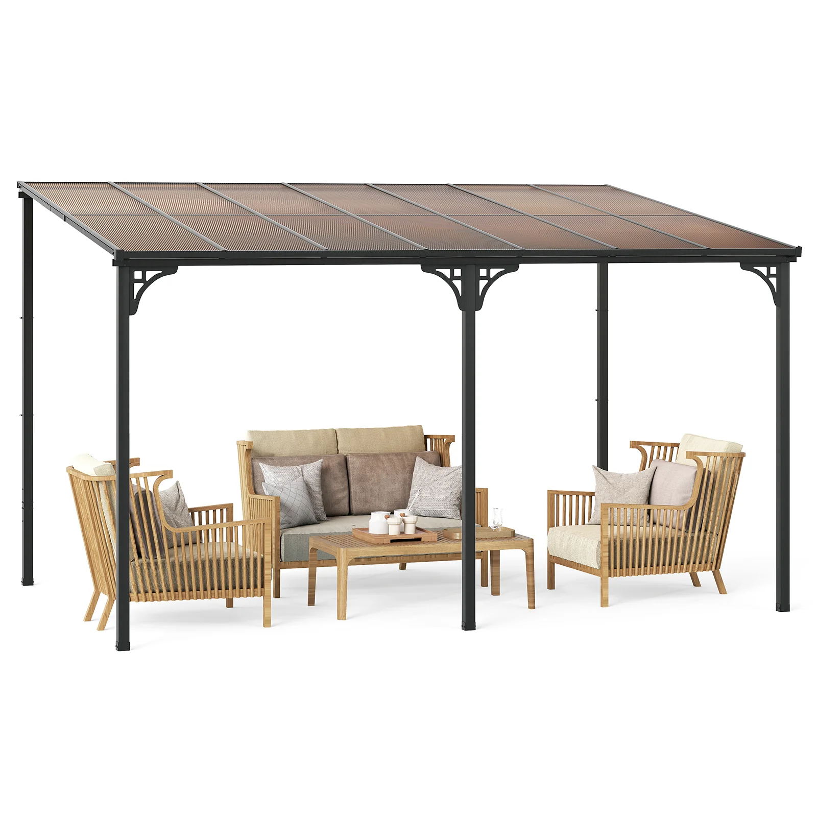 Large Wall Mounted Patio Gazebo, Hardtop Pergola, Sloped Polycarbonate Roof, Natural - Image 5