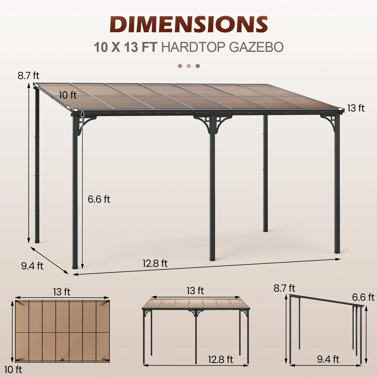 Large Wall Mounted Patio Gazebo, Hardtop Pergola, Sloped Polycarbonate Roof, Natural - Image 6