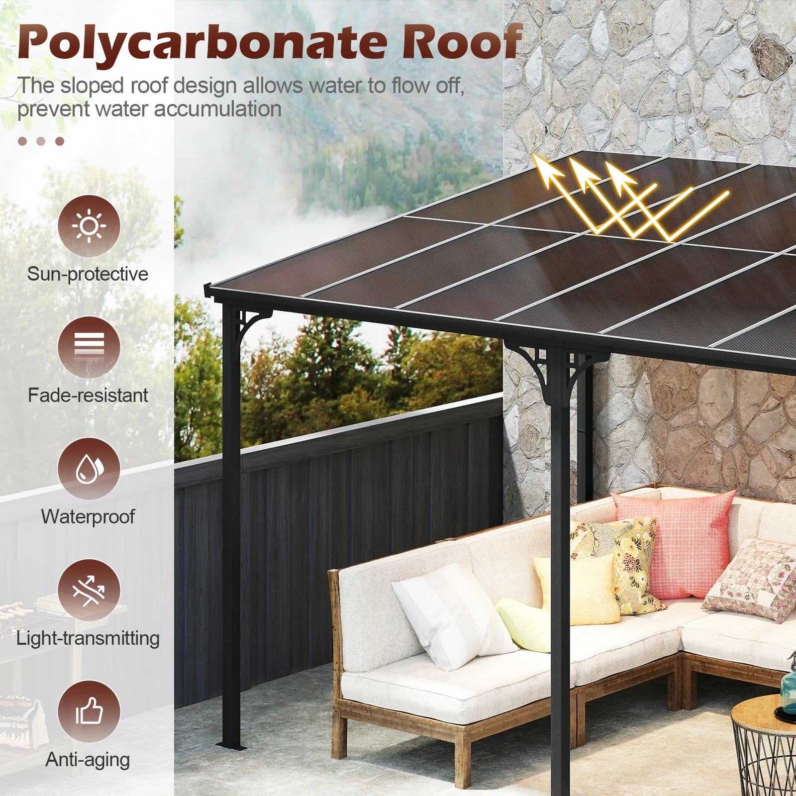 Large Wall Mounted Patio Gazebo, Hardtop Pergola, Sloped Polycarbonate Roof, Natural - Image 7