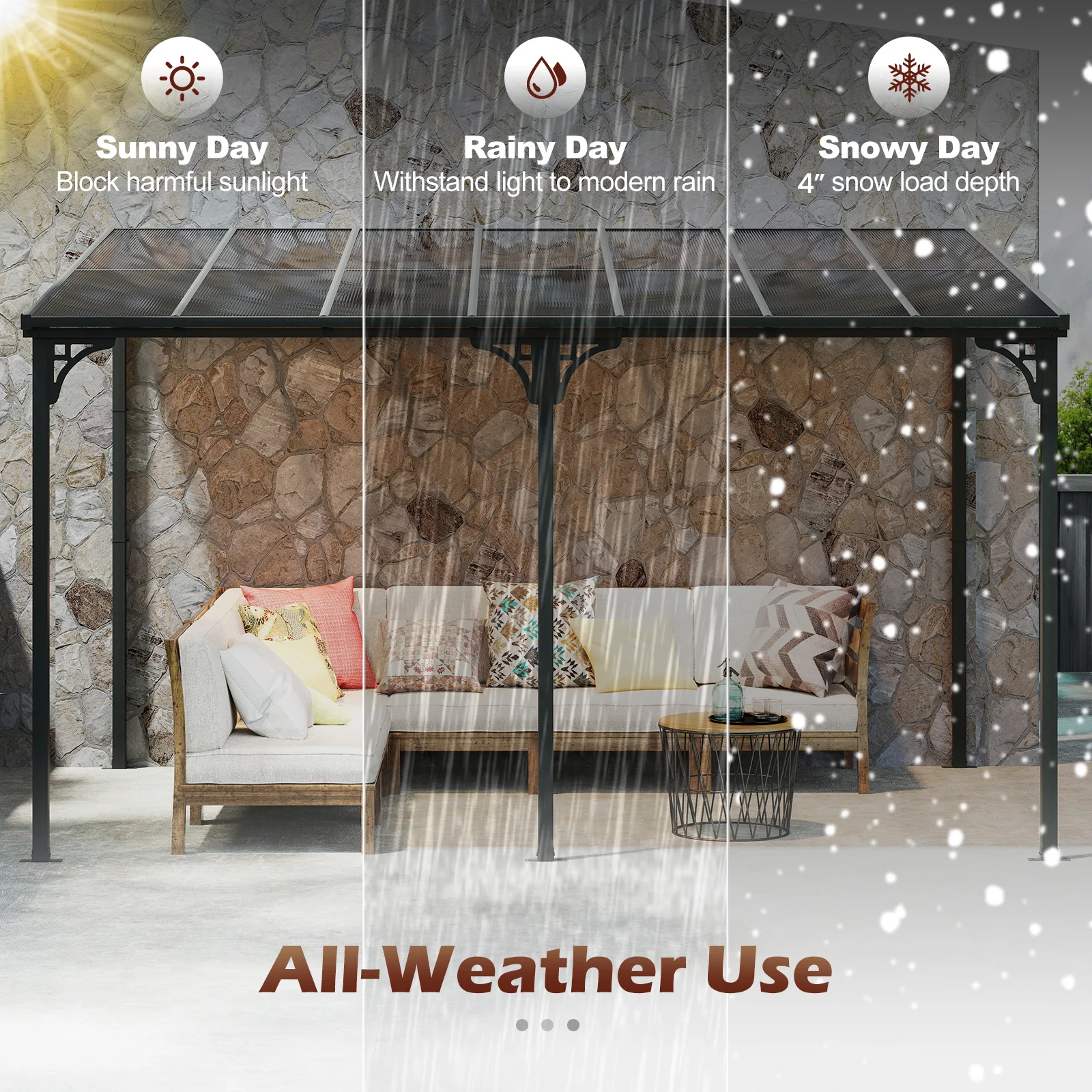 Large Wall Mounted Patio Gazebo, Hardtop Pergola, Sloped Polycarbonate Roof, Natural - Image 8