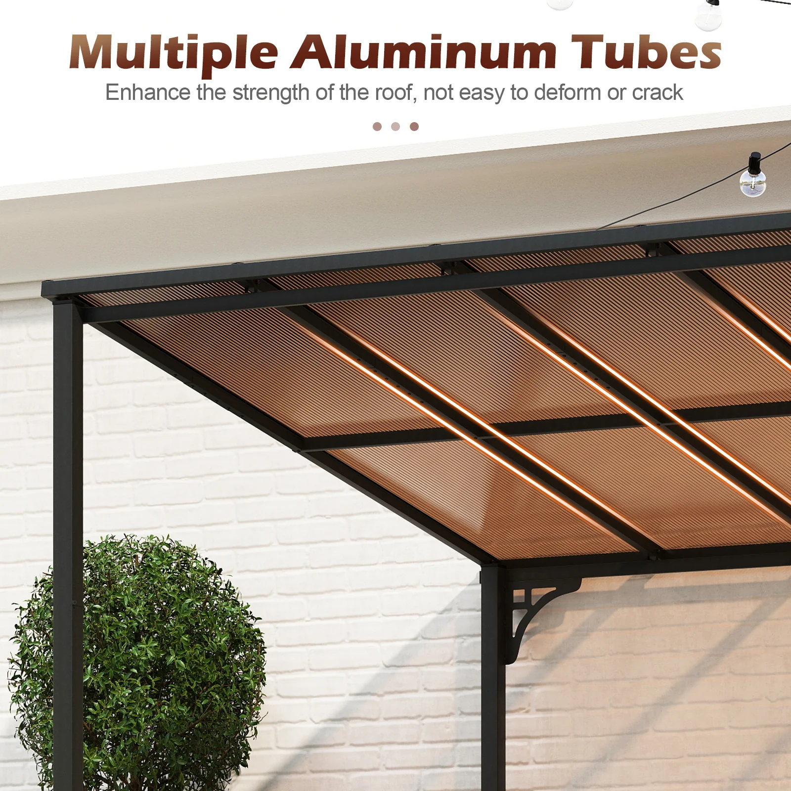 Large Wall Mounted Patio Gazebo, Hardtop Pergola, Sloped Polycarbonate Roof, Natural - Image 9