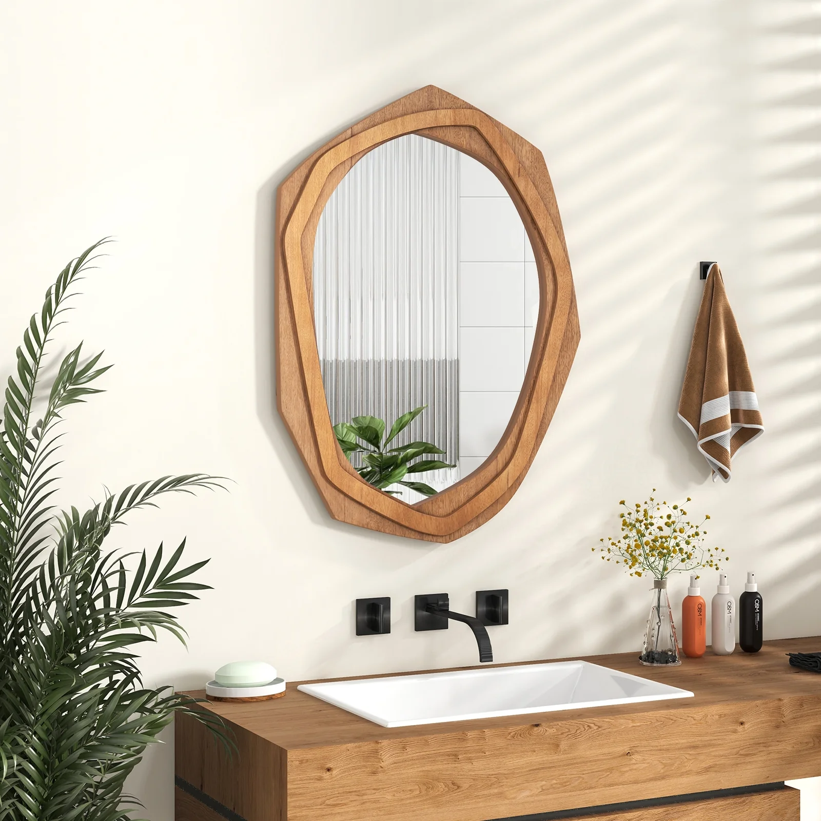 Large Waterproof Irregular Framed Wall Mirror, Natural - Image 3