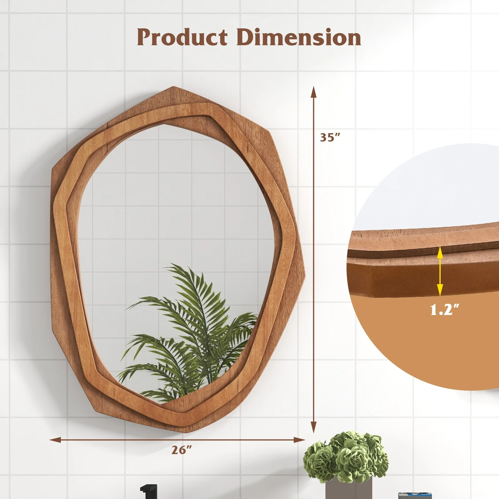 Large Waterproof Irregular Framed Wall Mirror, Natural - Image 5